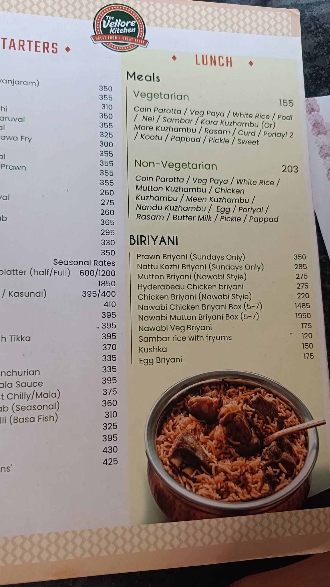 The Vellore Kitchen menu