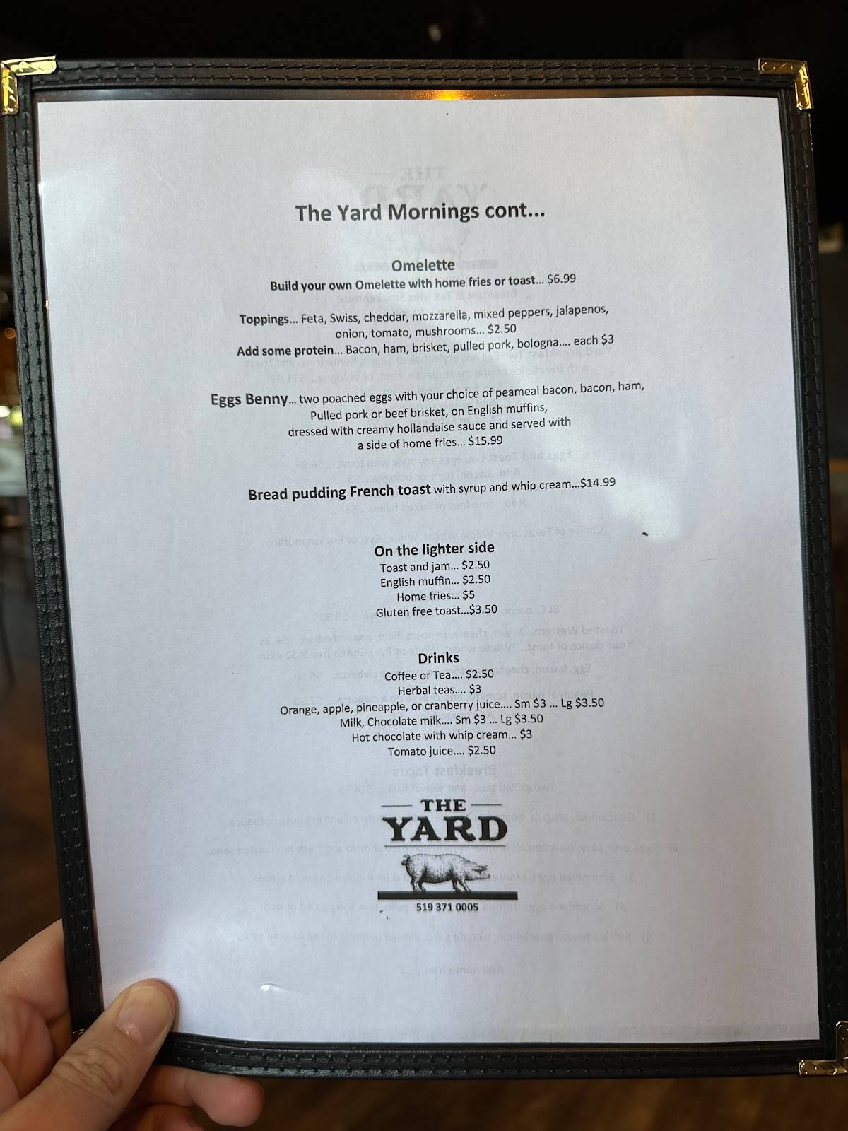 Menu at The Yard restaurant, Owen Sound