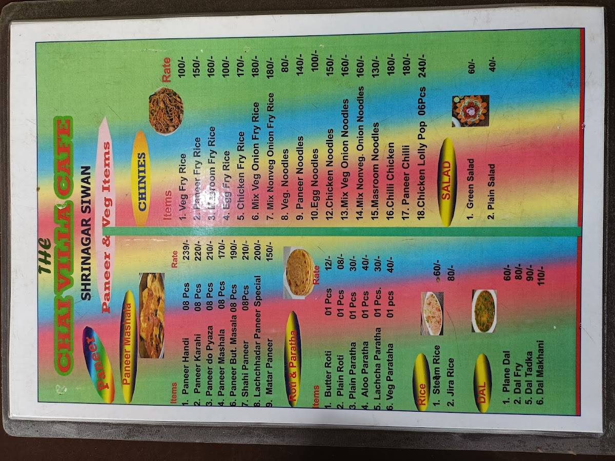 The chai villa cafe menu
