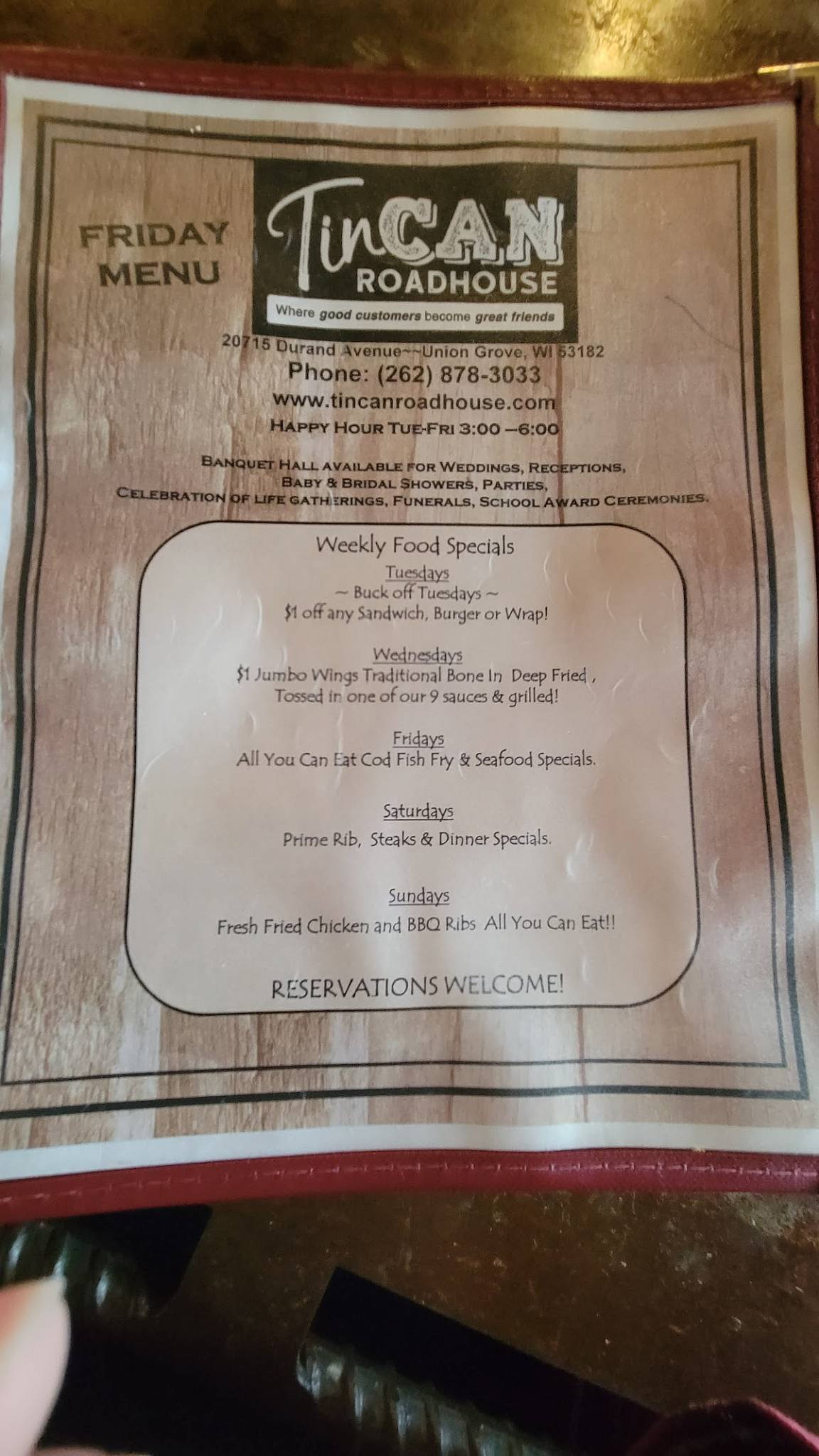Menu at TinCAN Roadhouse pub & bar, Union Grove
