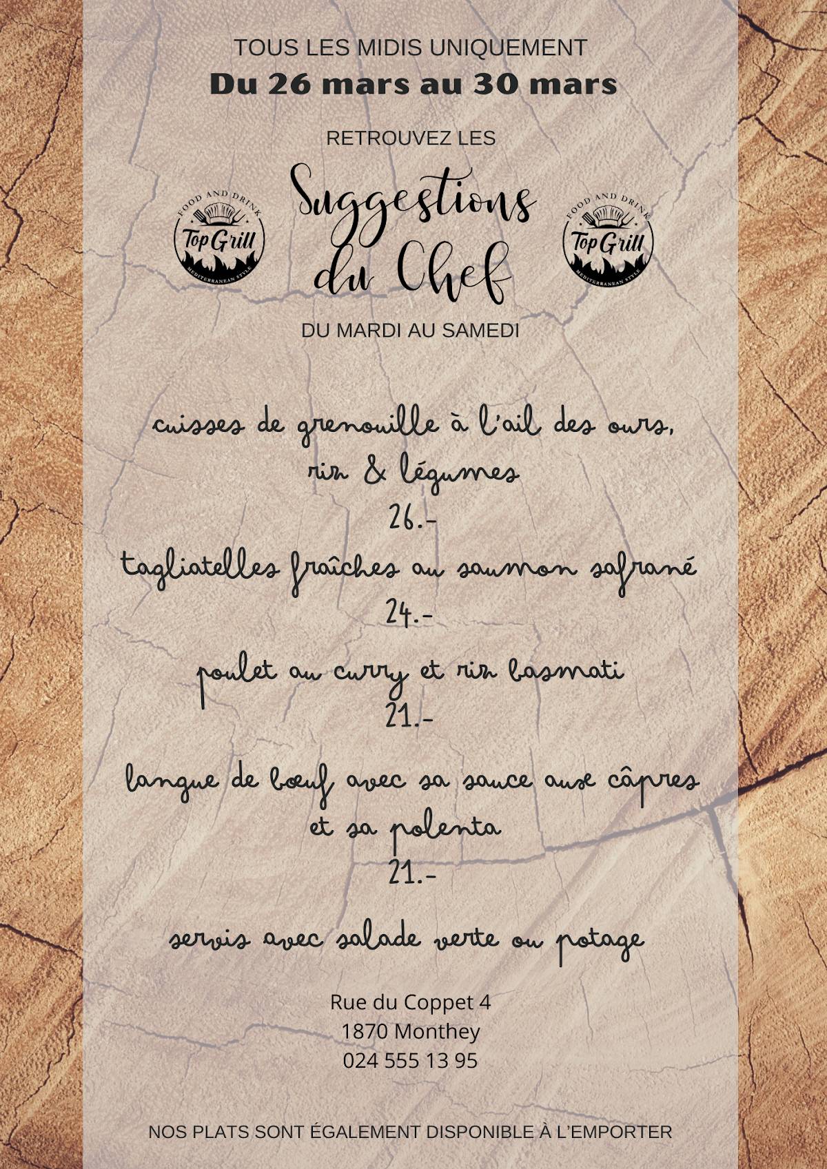 Menu de Top Grill Monthey Sàrl