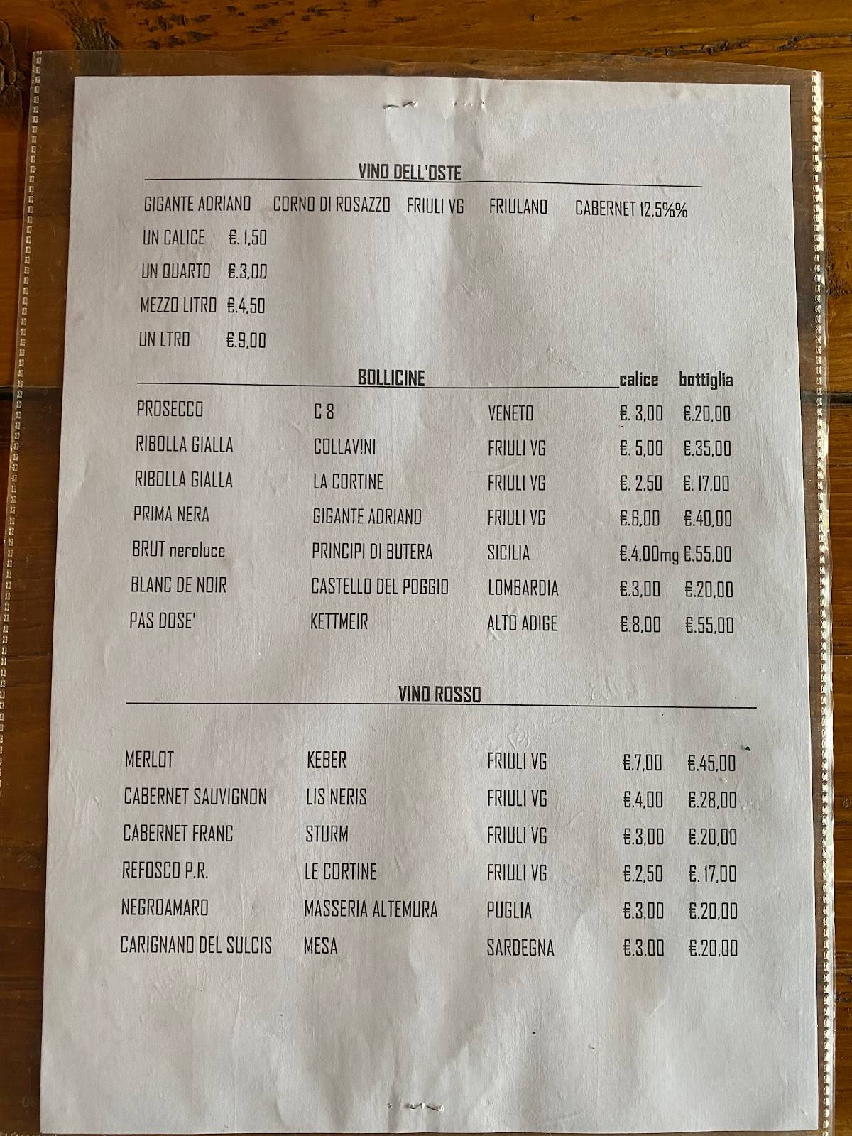 Menu di Trattoria Dal Diaul e l'Aghesante 