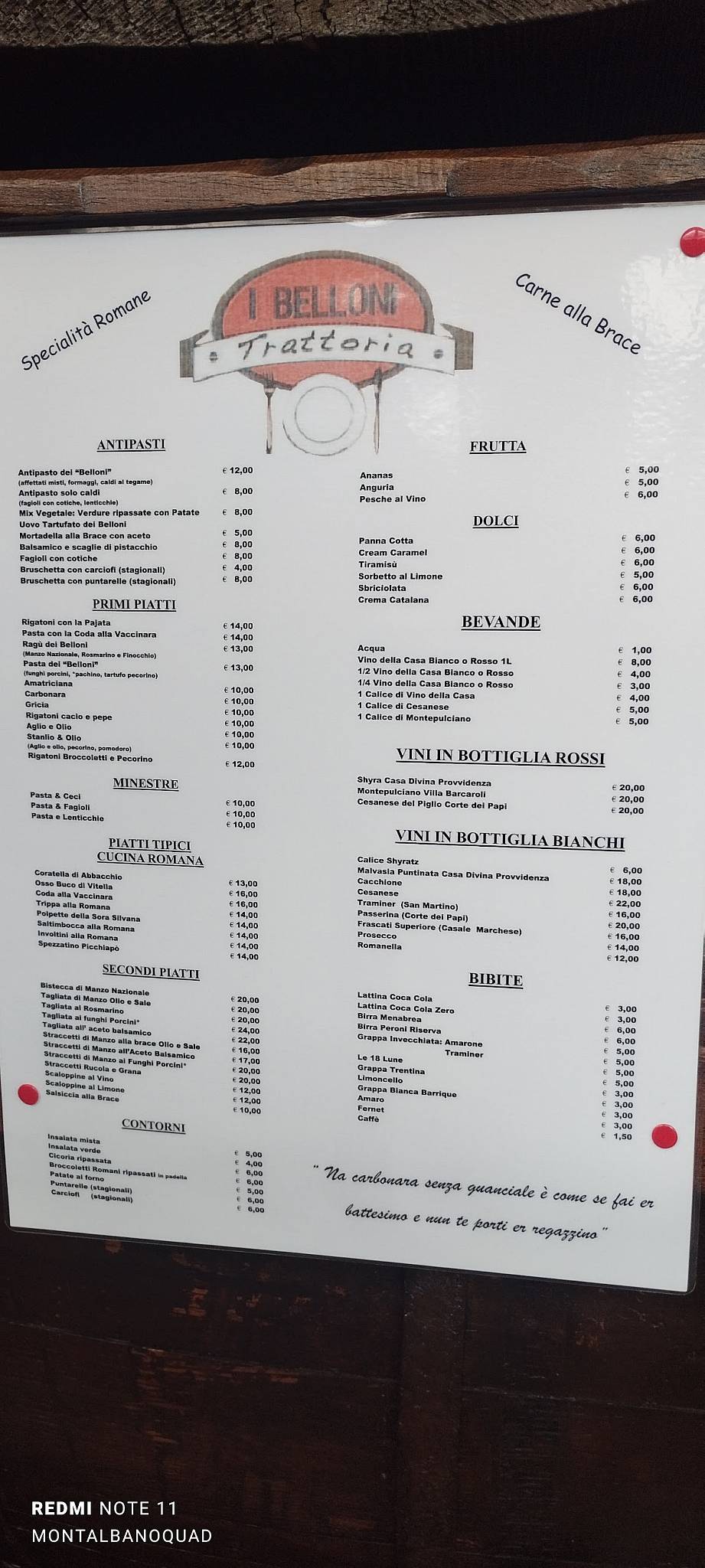 Menu di Trattoria "I Belloni" 