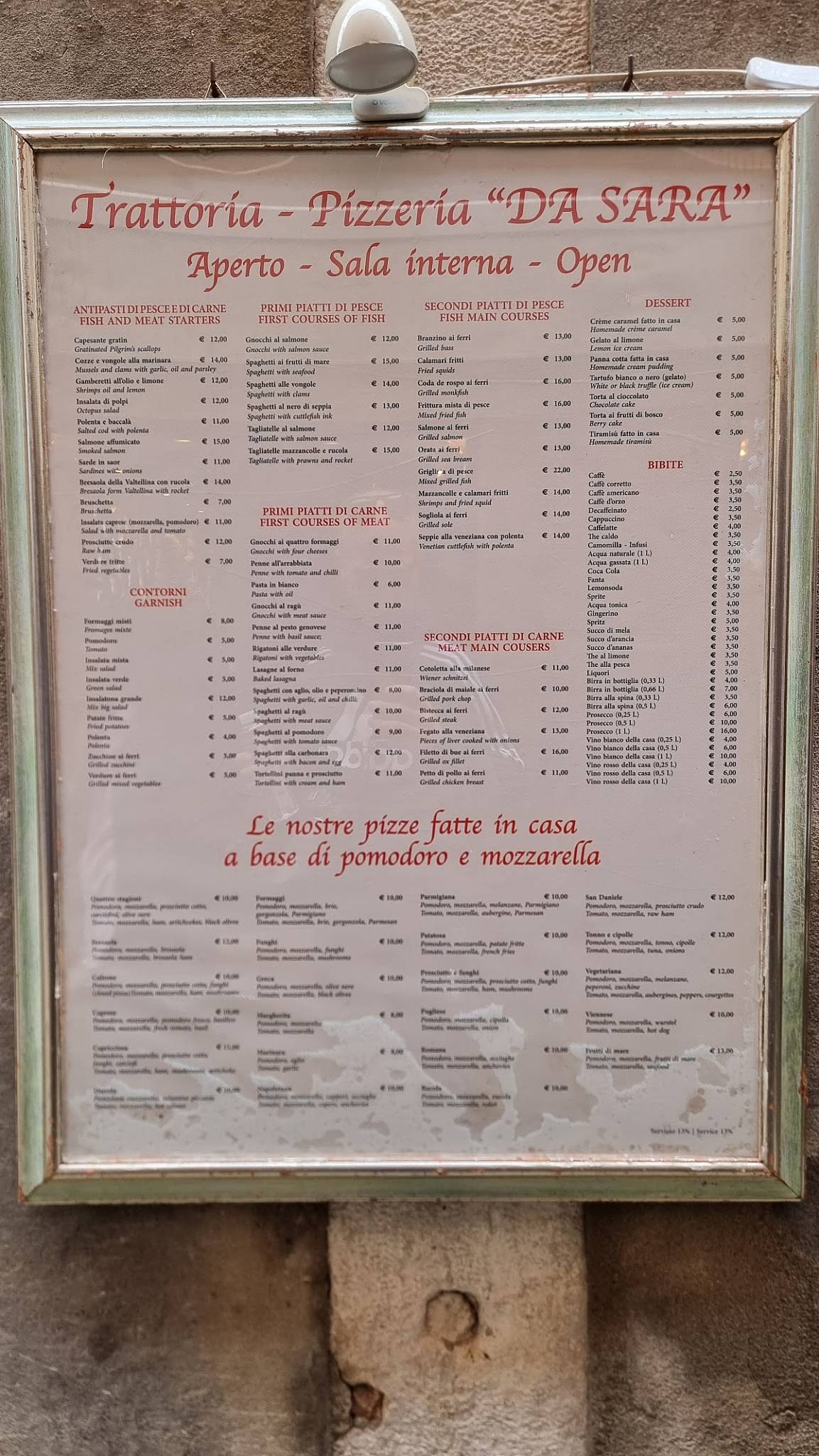 Menu di Trattoria Pizzeria da Sara 