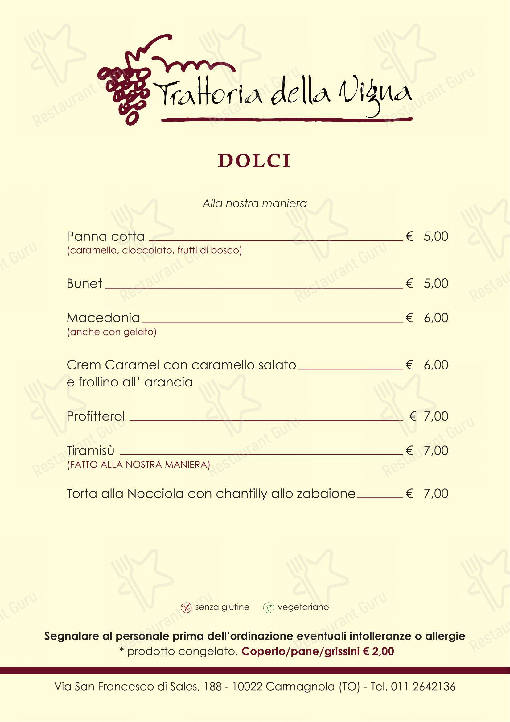 Menu bar per Trattoria della Vigna in Carmagnola