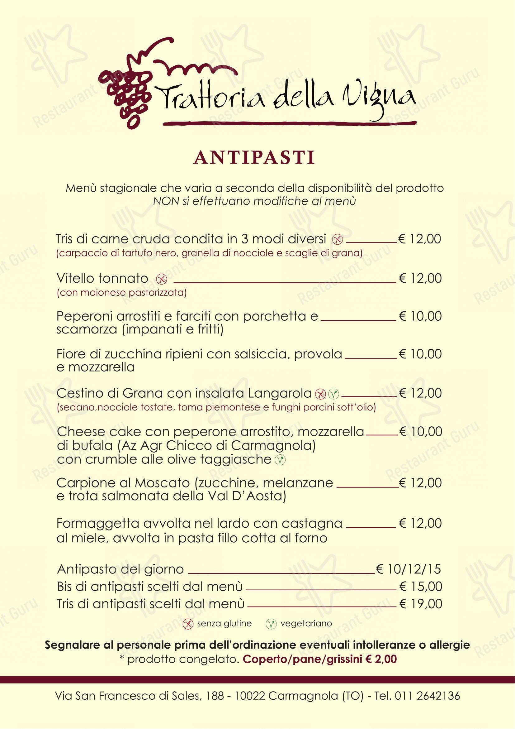 Menu bar per Trattoria della Vigna in Carmagnola