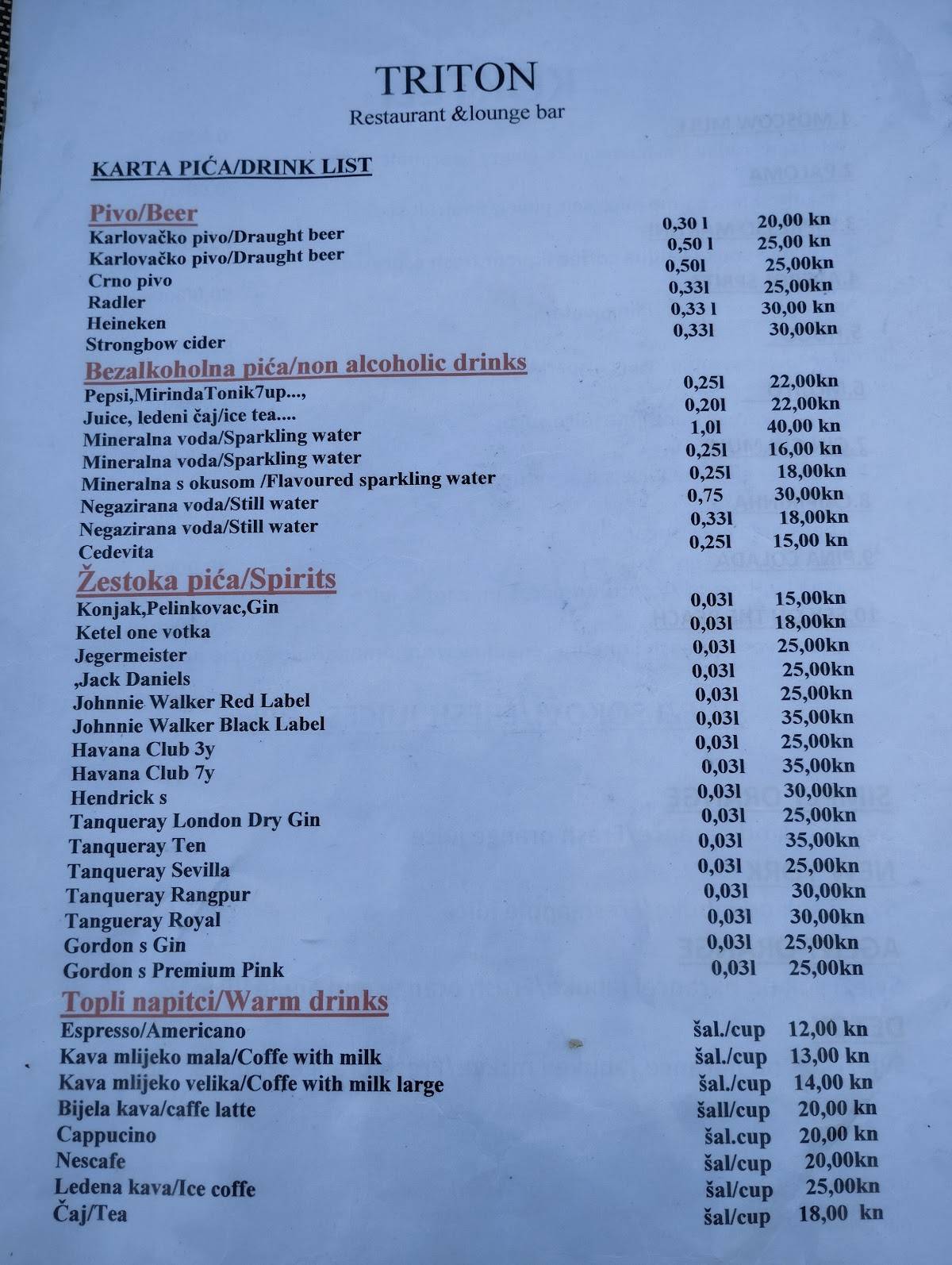 Menu di Triton Restaurant and Lounge Bar 