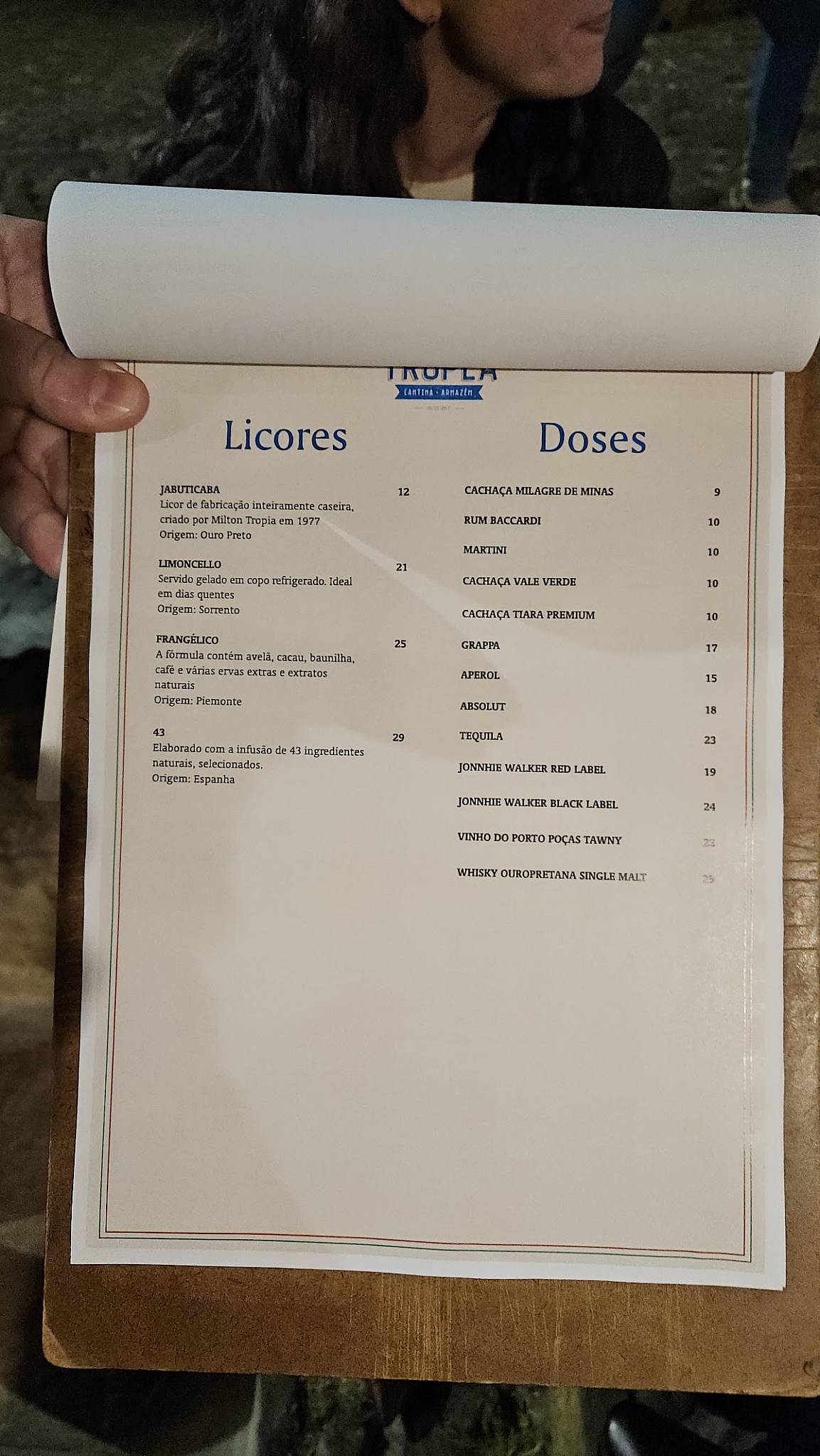 Tropea Cantina e Armazém cardápio