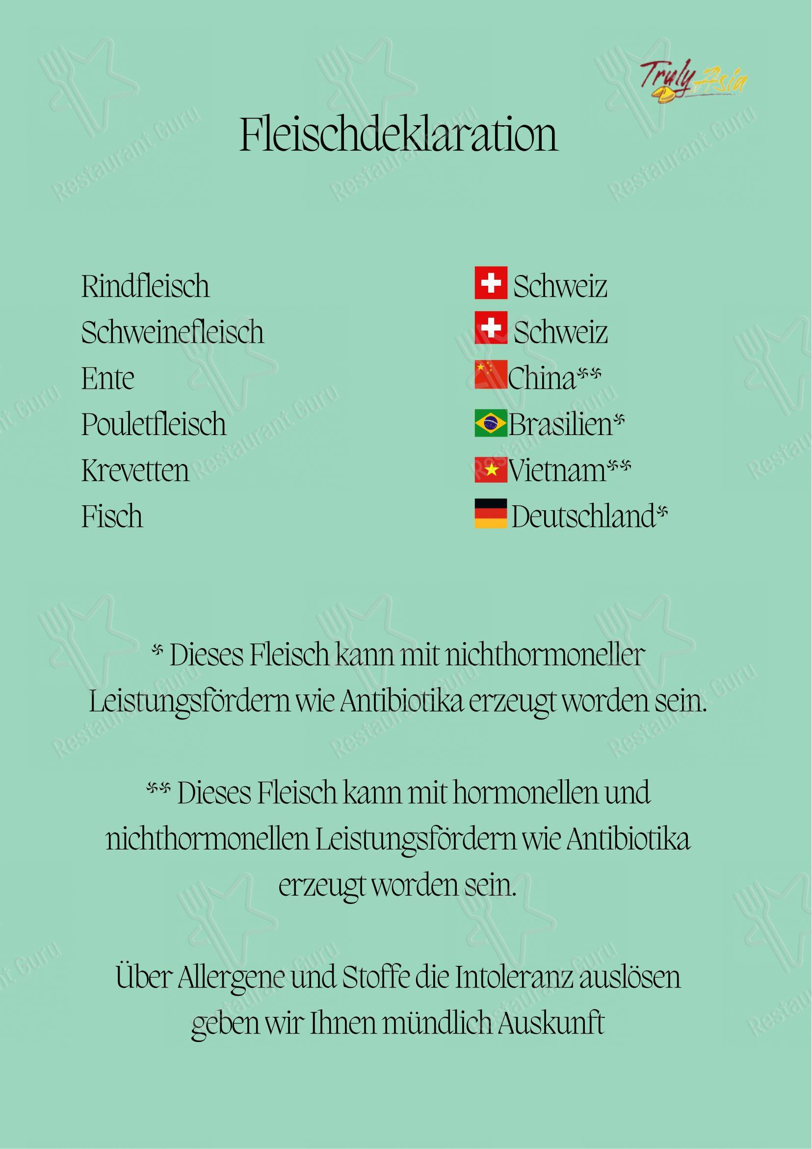 Menu per Truly Asia ristorante