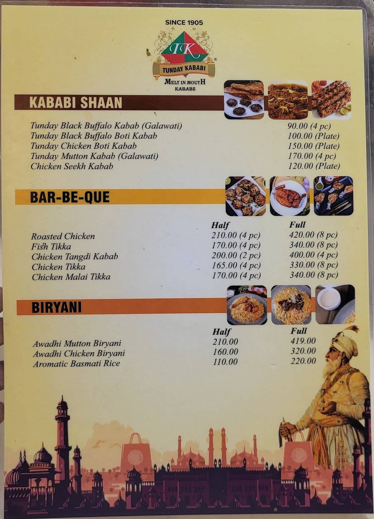 Tunday Kababi, Aminabad menu