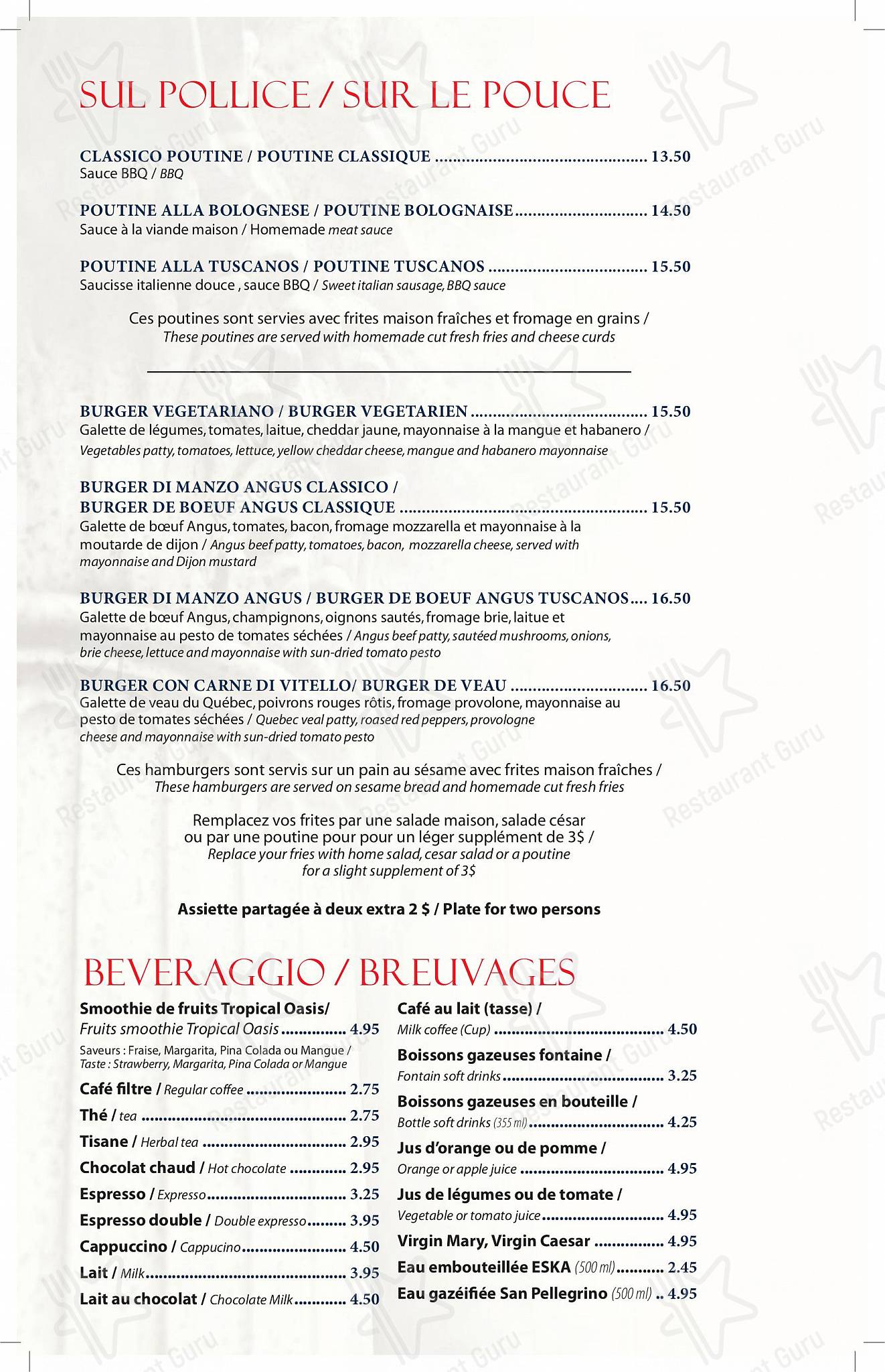 Buffet Menu pour Restaurant Tuscanos restaurant