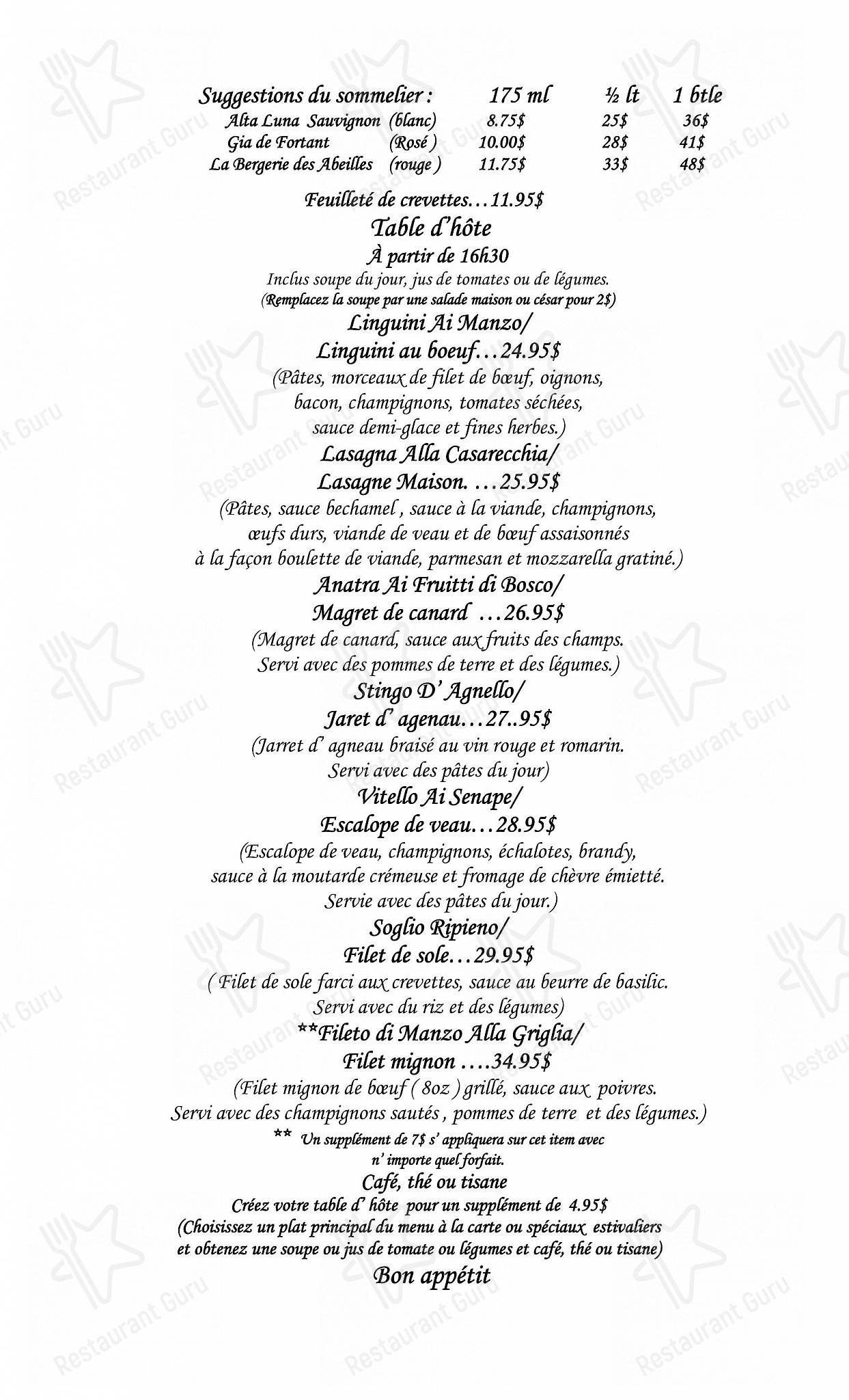 Restaurant Tuscanos dans Québec - Buffet Menu