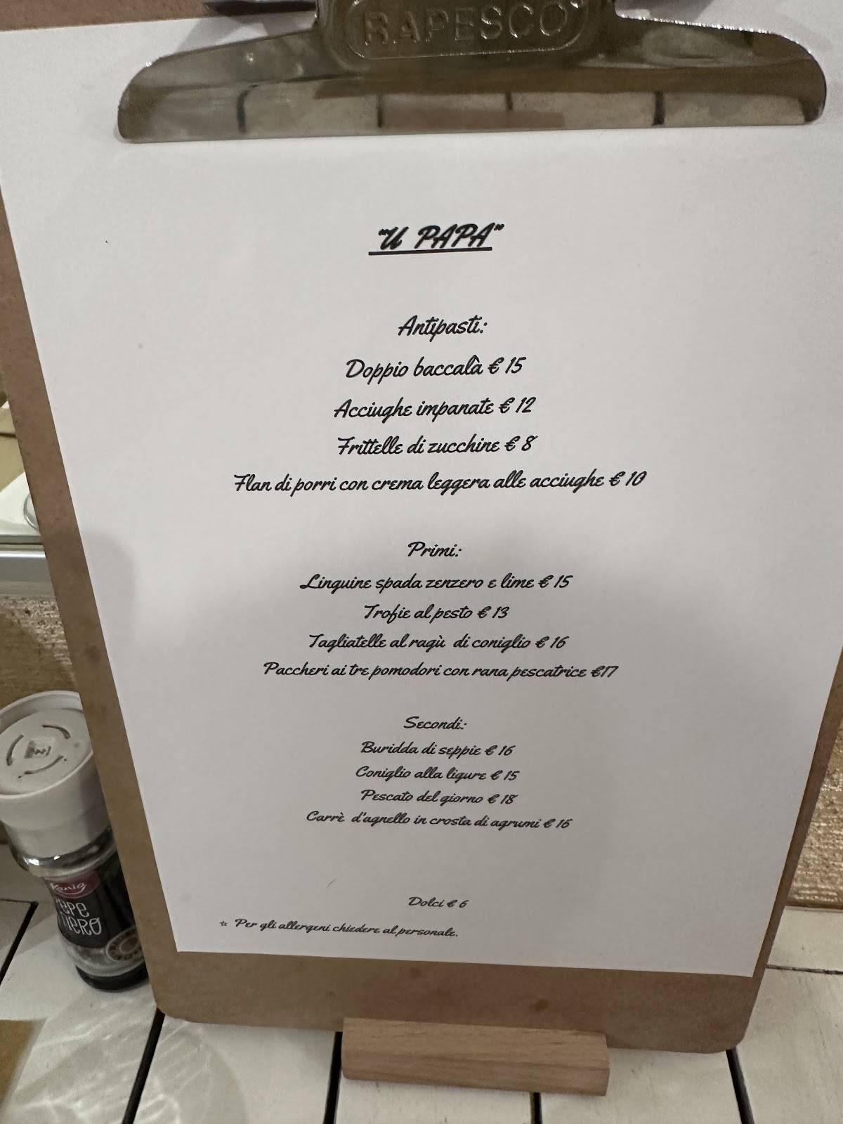 Menu di U Papa Locanda Imperia 