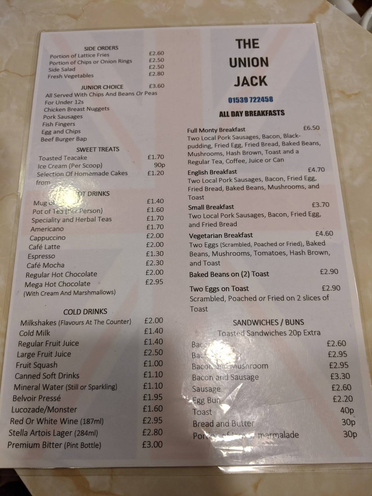 Menu at Union Jack Cafe, Kendal