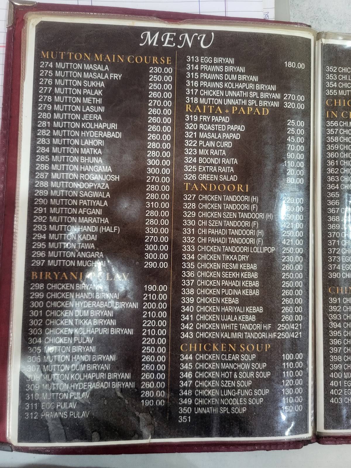 Unnathi Restaurant menu