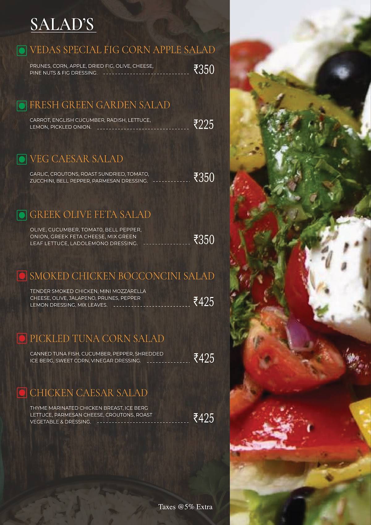 Vedas Earth Bistro menu