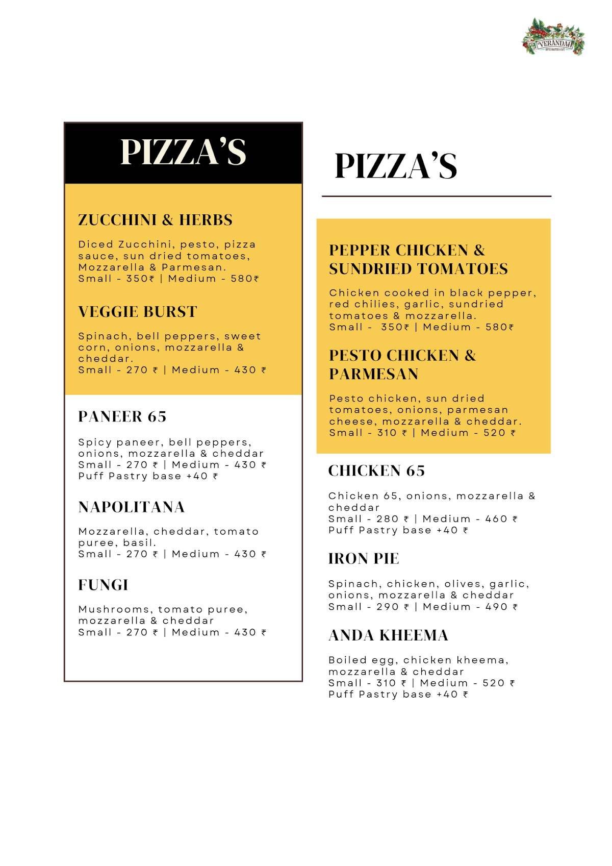 Verandah Coffee Roasters and Café menu