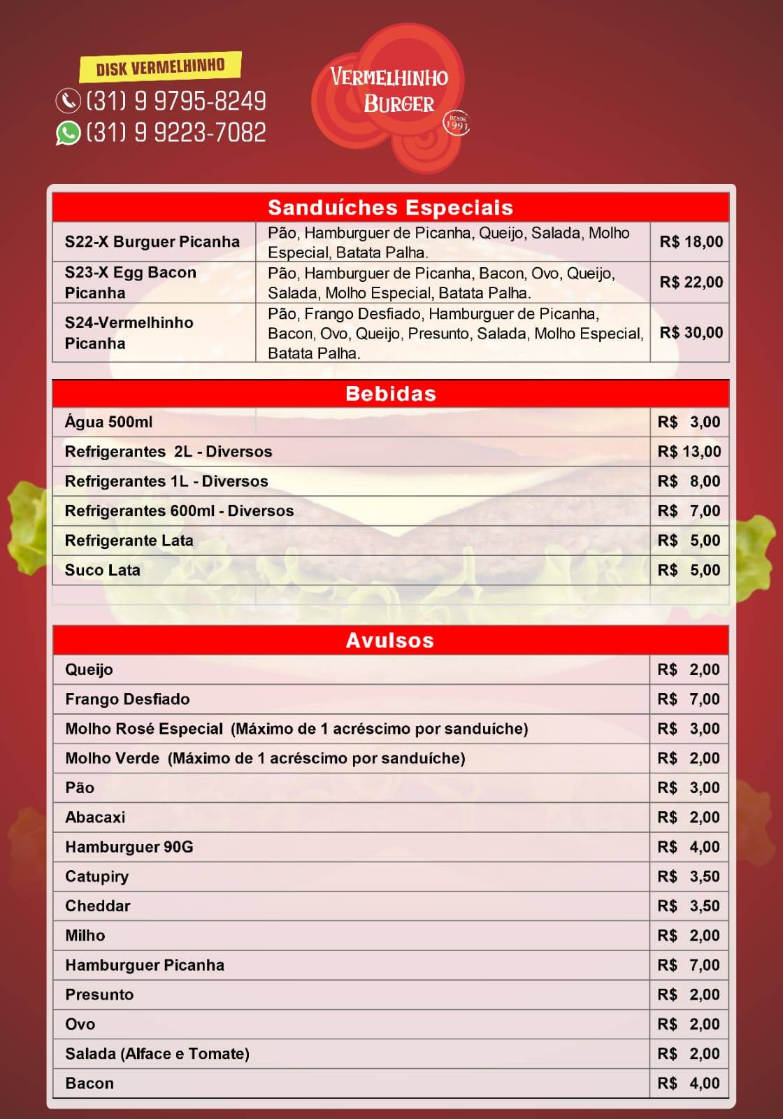 Vermelhinho Burger cardápio
