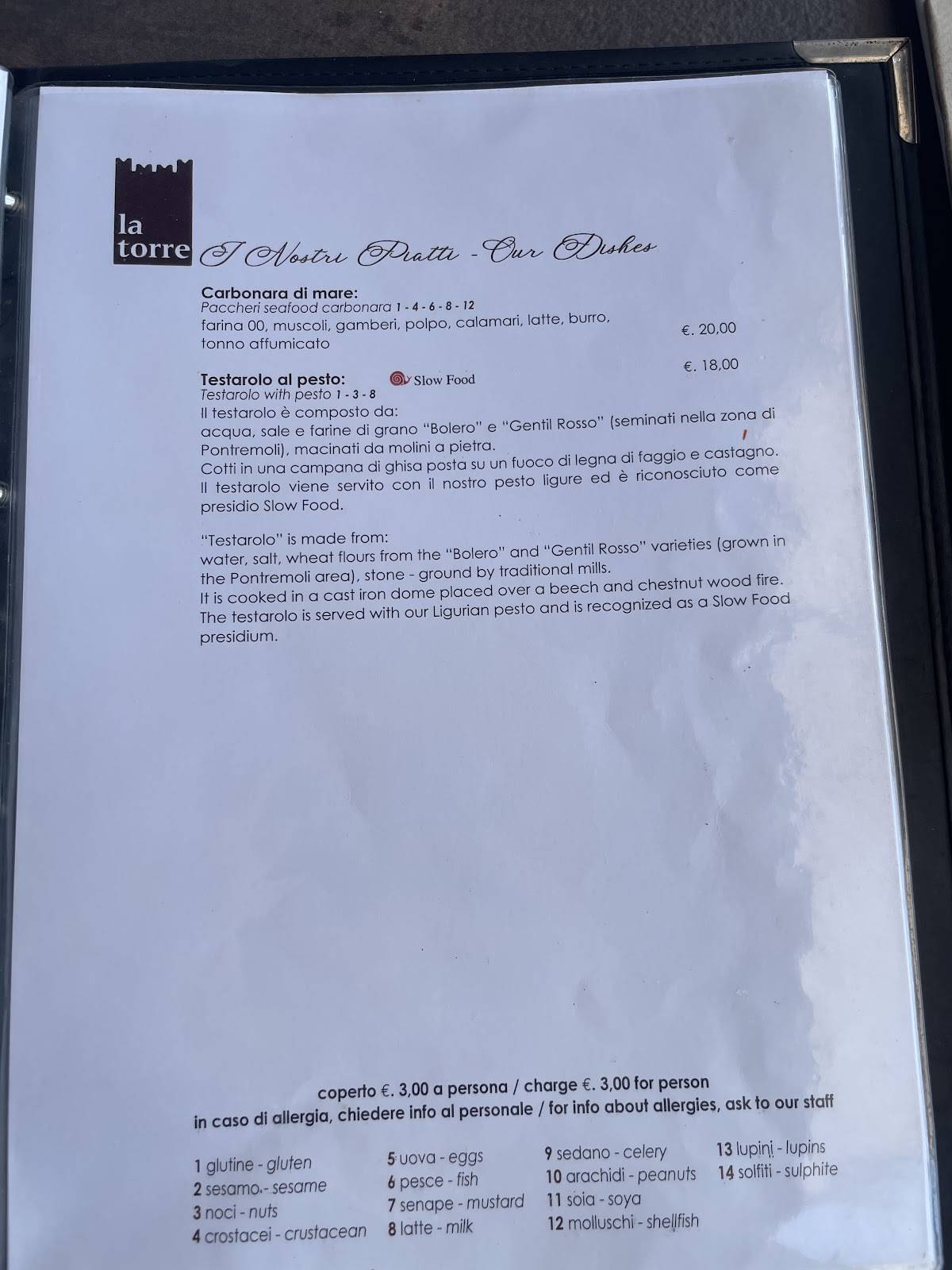 Menu di Ristorante La Torre 