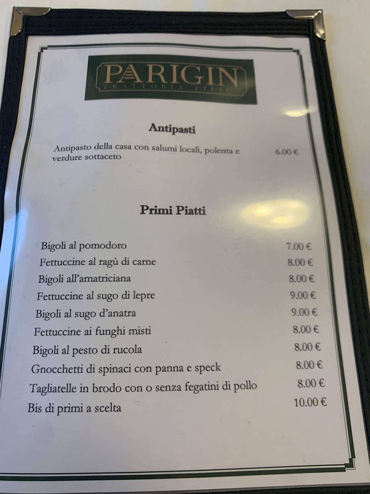 Menu di Bar Trattoria al Parigin 