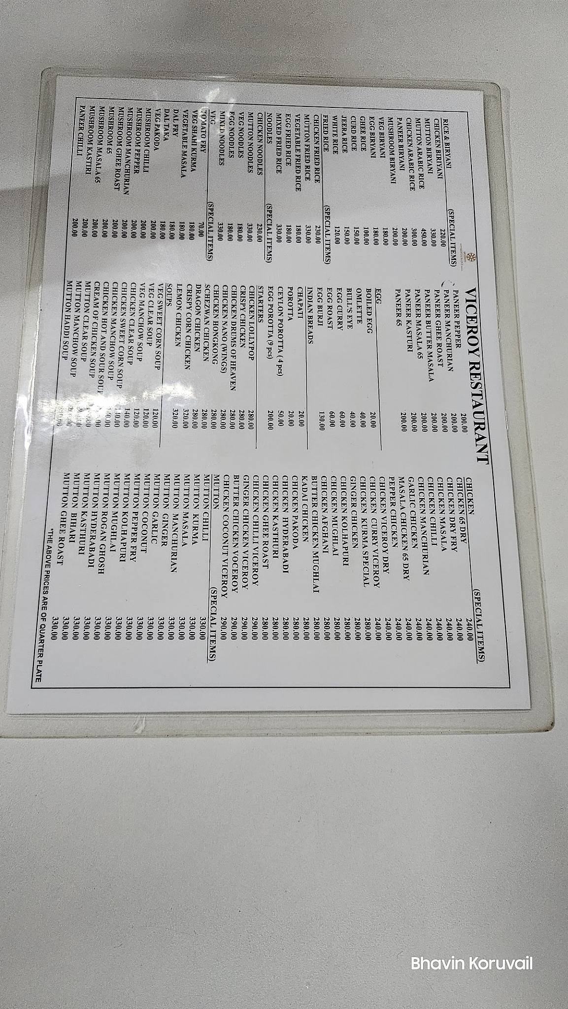 Viceroy Restaurant menu