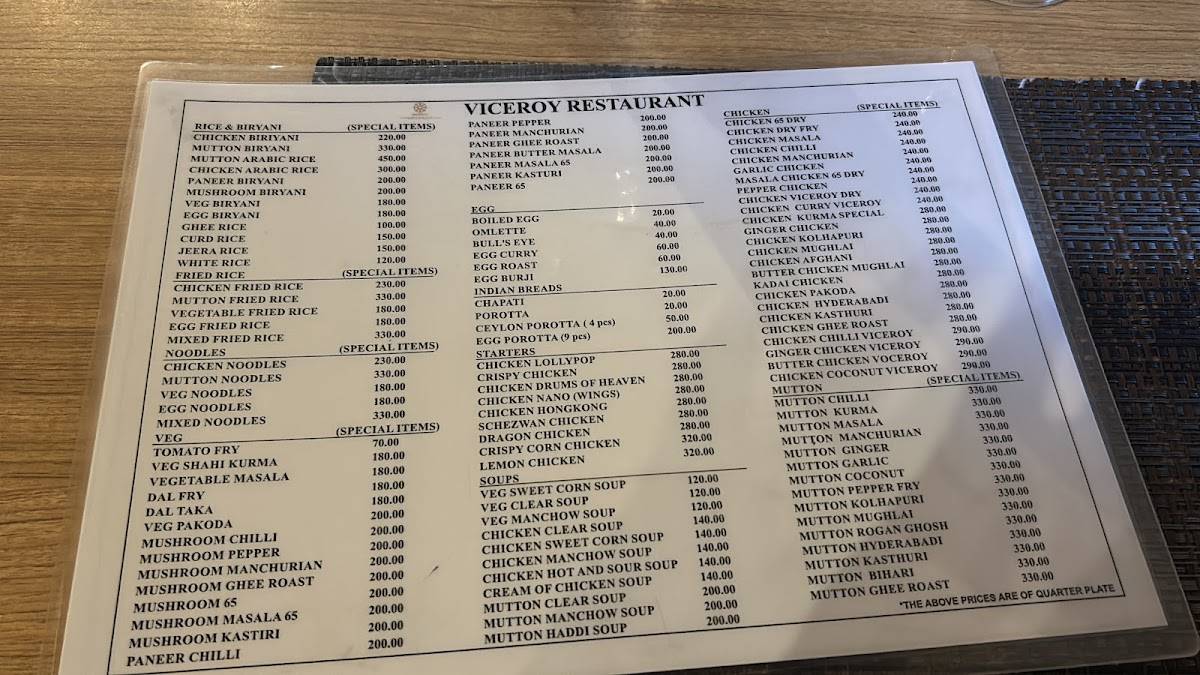 Viceroy Restaurant menu