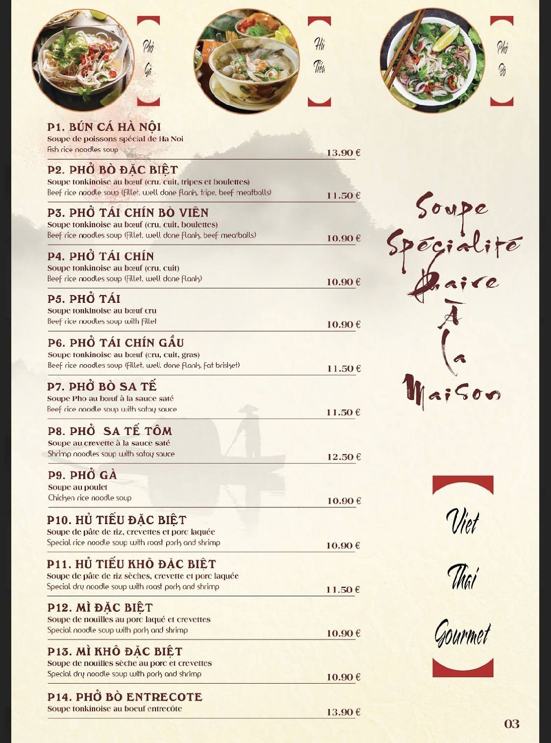 Menu au Viet thaï gourmet restaurant, Noisiel