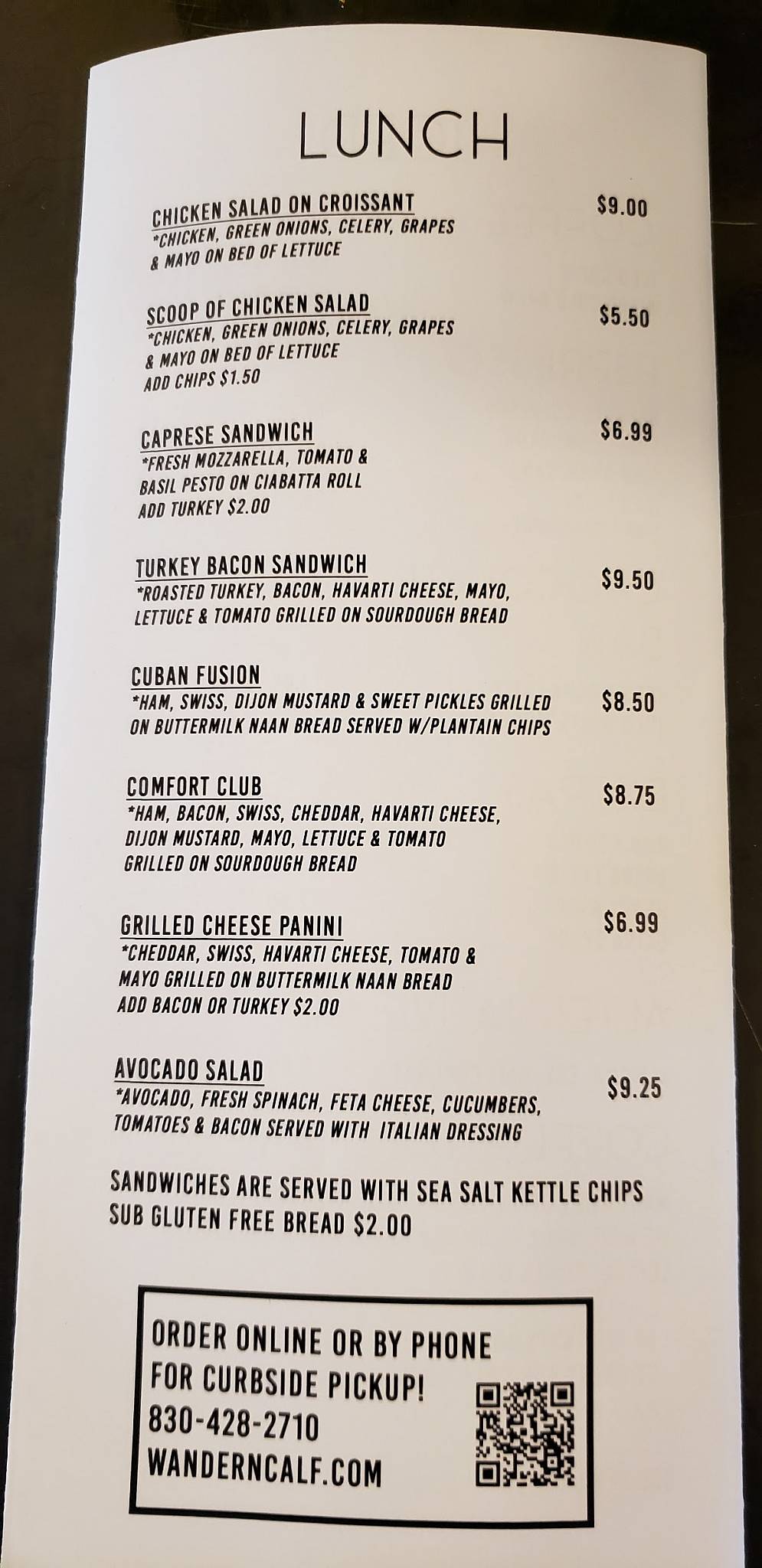 Wander'n Calf Espresso Bar and Bakery menu