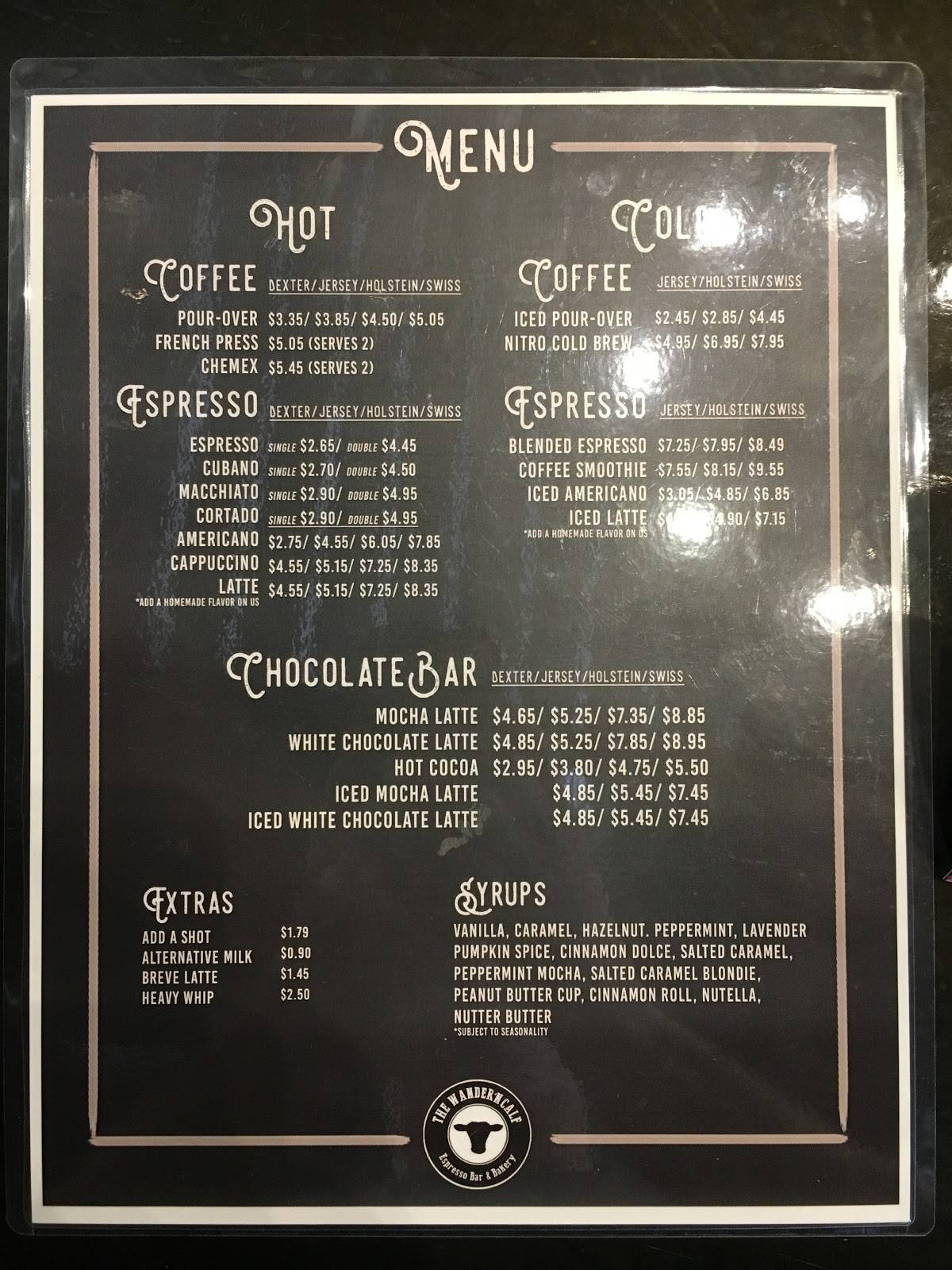 Wander'n Calf Espresso Bar and Bakery menu