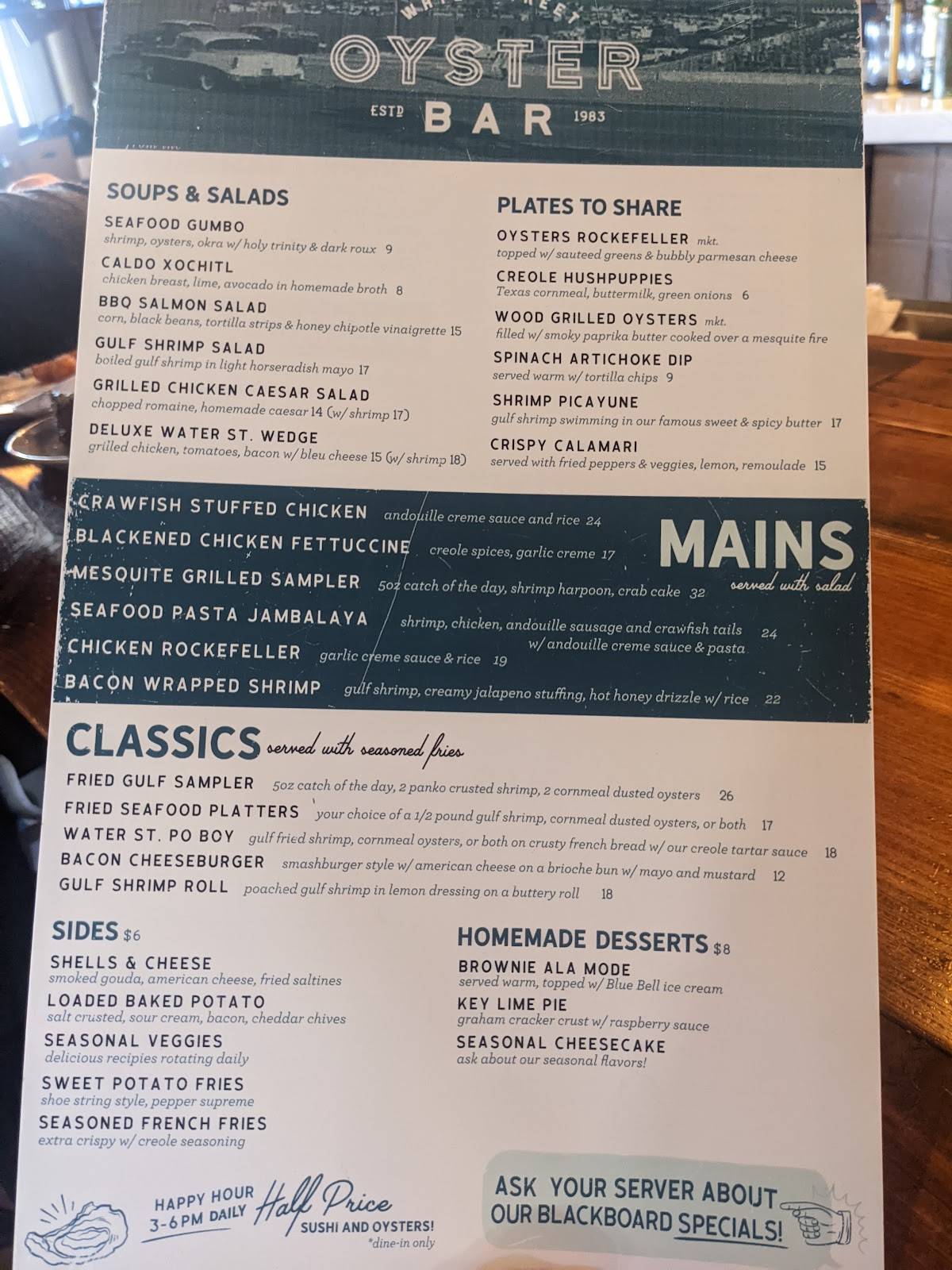Menu at Water Street Oyster Bar, Corpus Christi