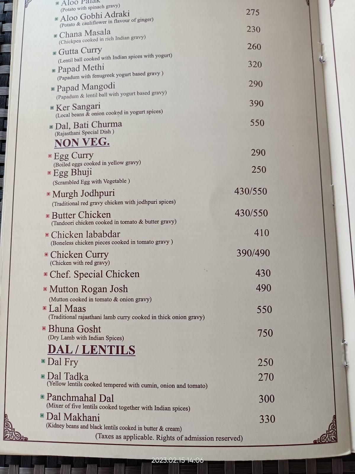 Winds Restaurant menu