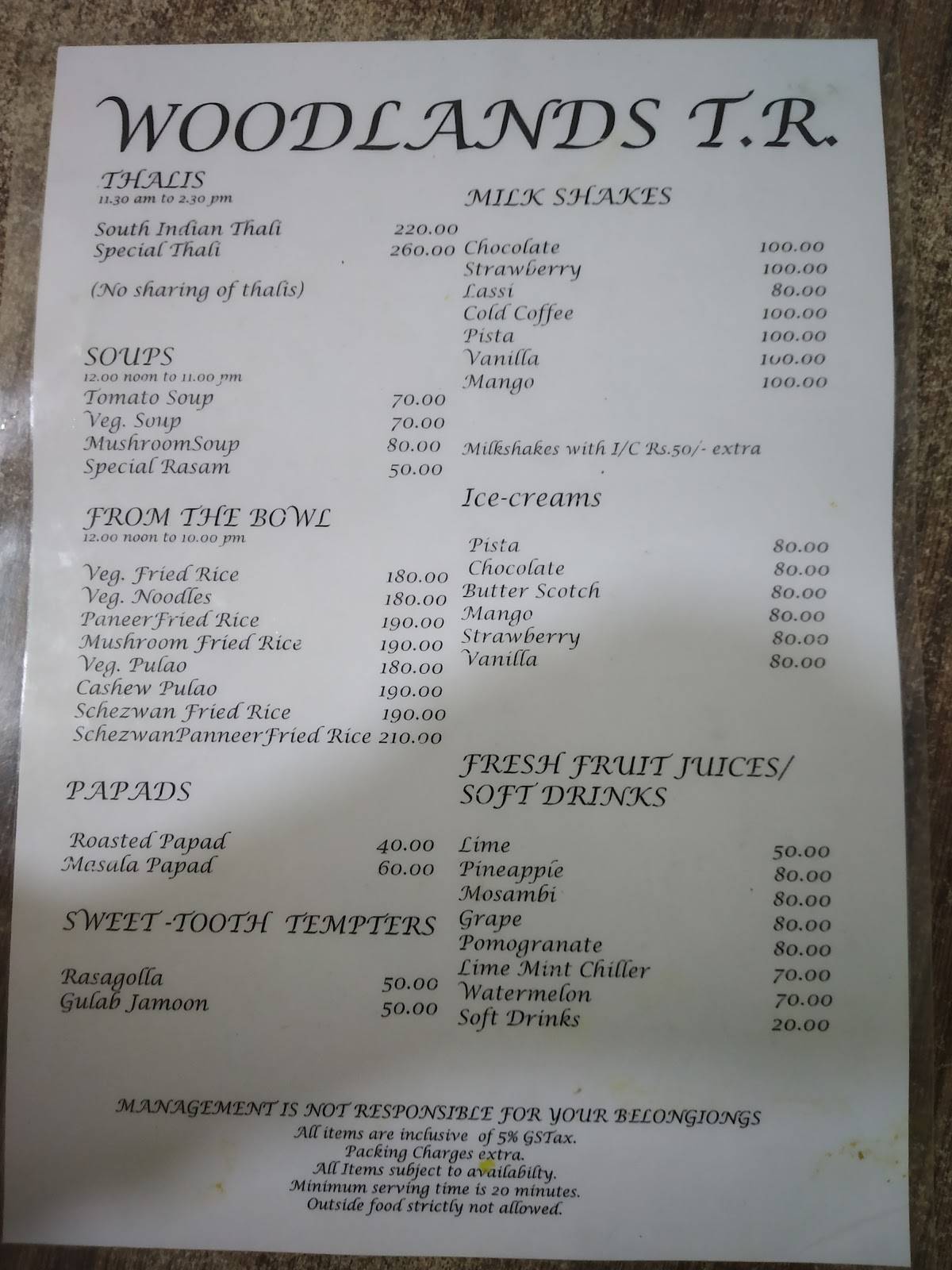 Woodlands Veg Restaurant menu