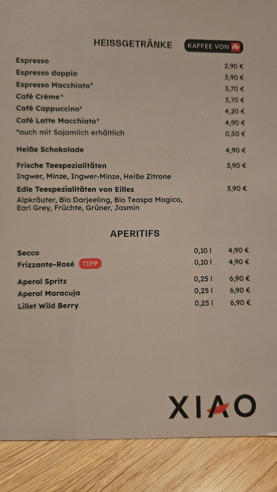 Menu de XIAO Köln