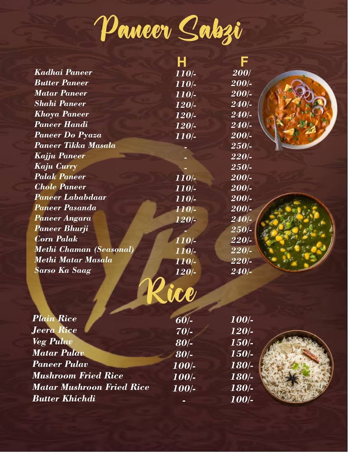 YBS Restaurant menu