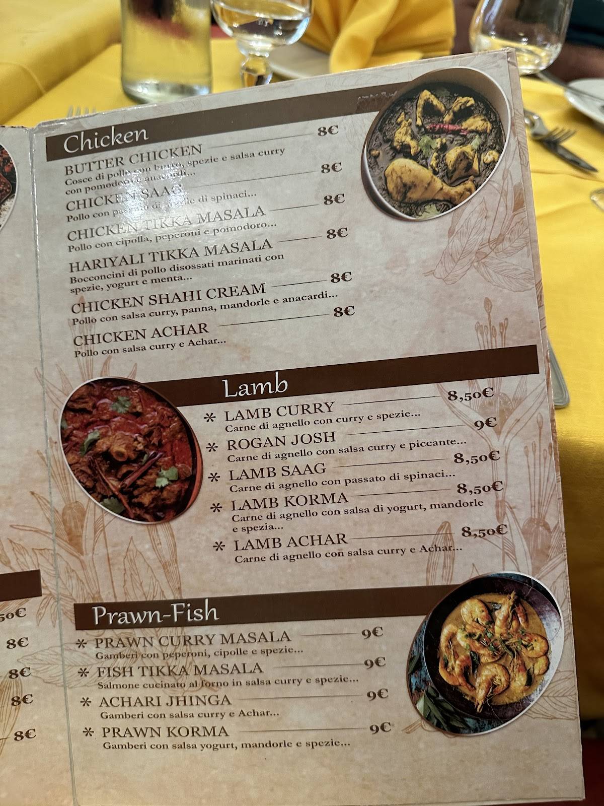 Menu di Yoga Ristorante indiano Trieste 