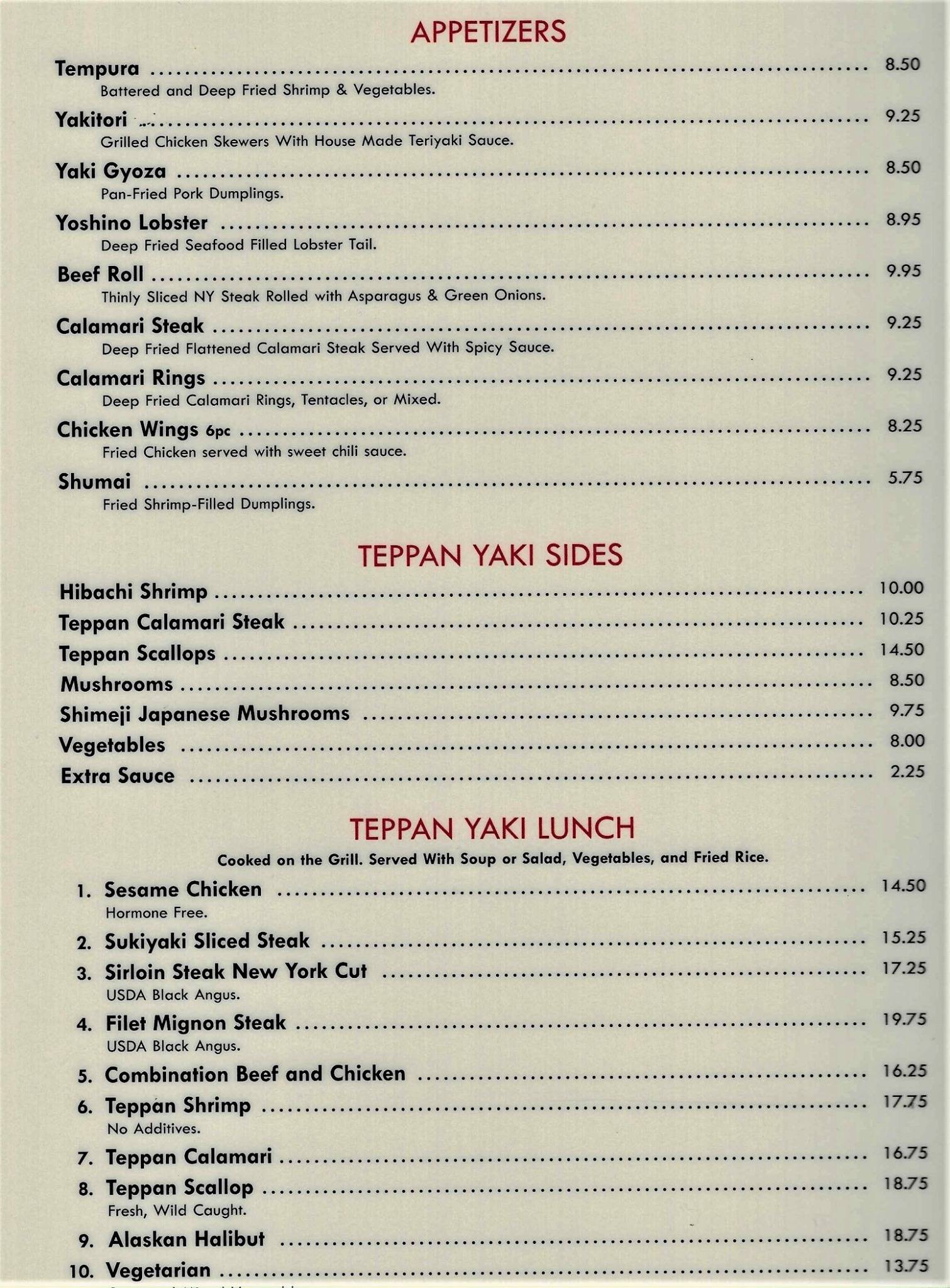 Menu at Yoshino Japanese Restaurant, Fresno, N Blackstone Ave