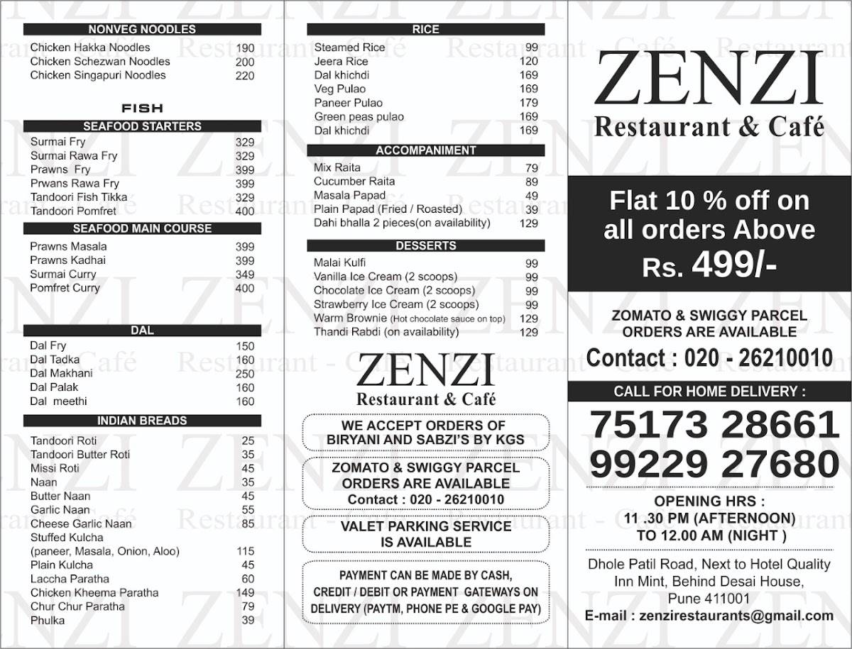 ZENZI Restaurant Cafe menu