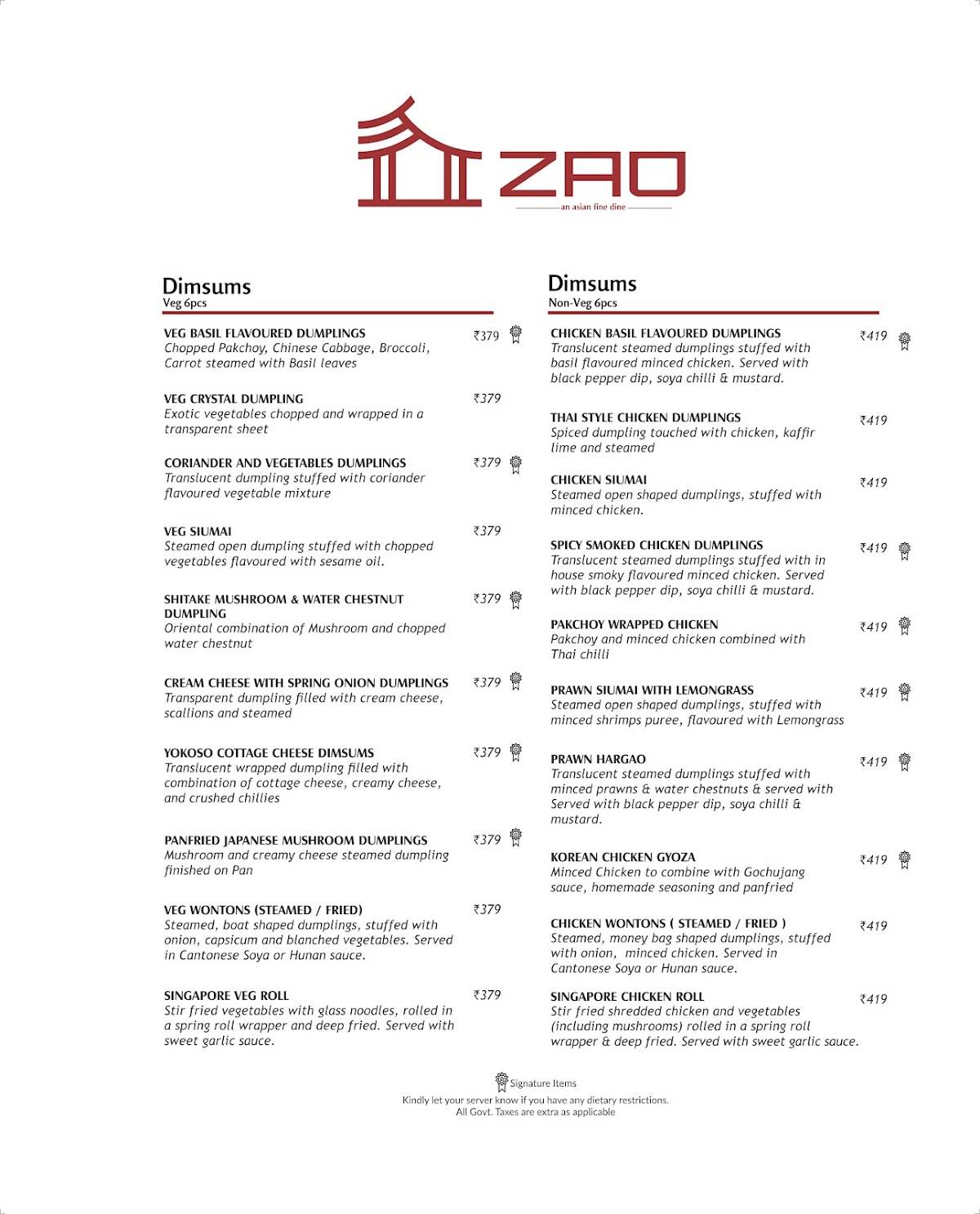 Zao menu