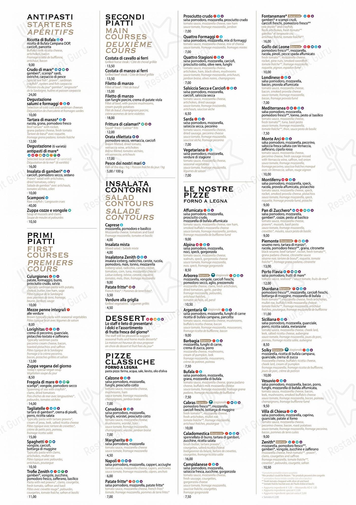 Menu di Zenith Ristorante Pizzeria Enoteco - Основное меню