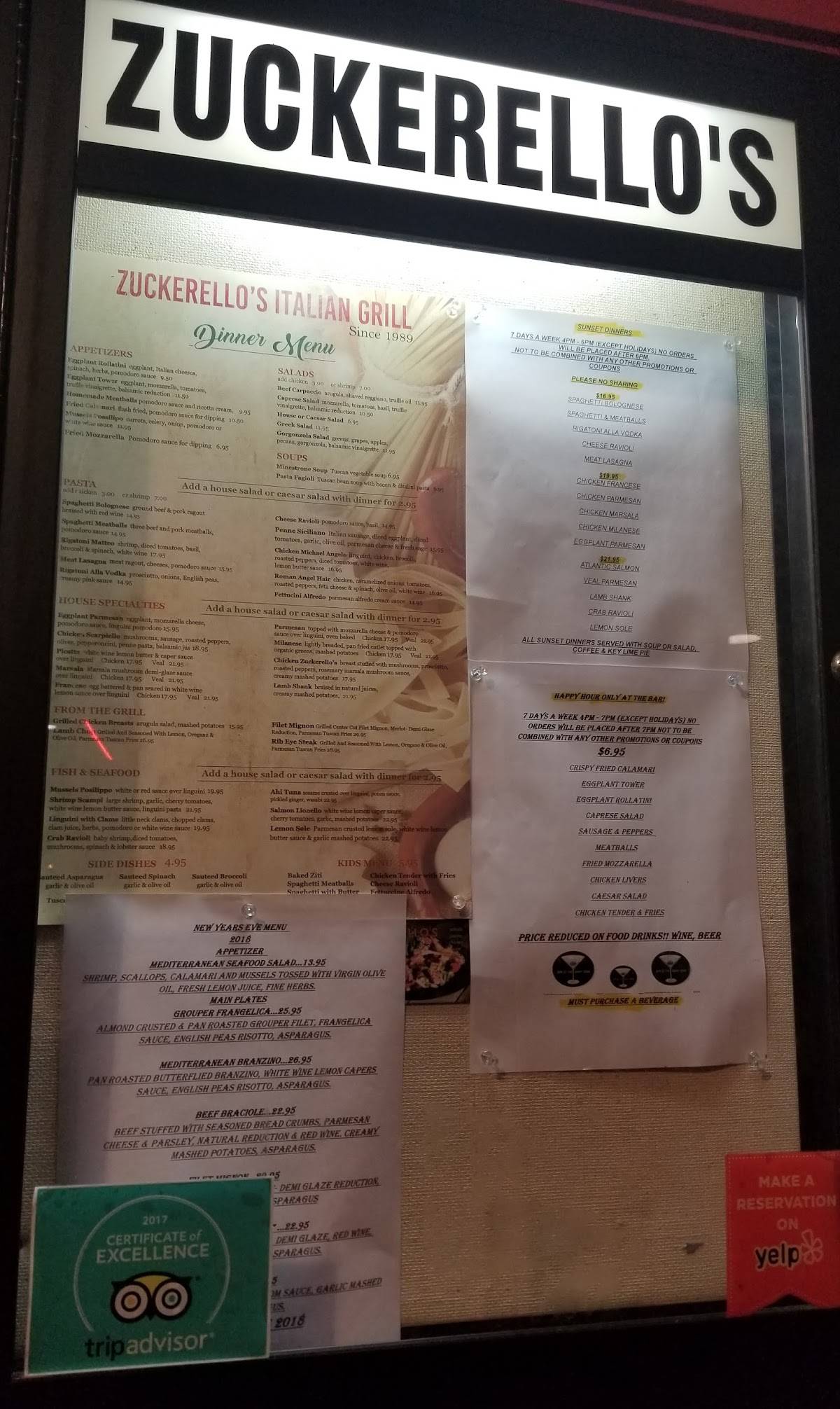 Menu at Zuckerello's restaurant, Fort Lauderdale