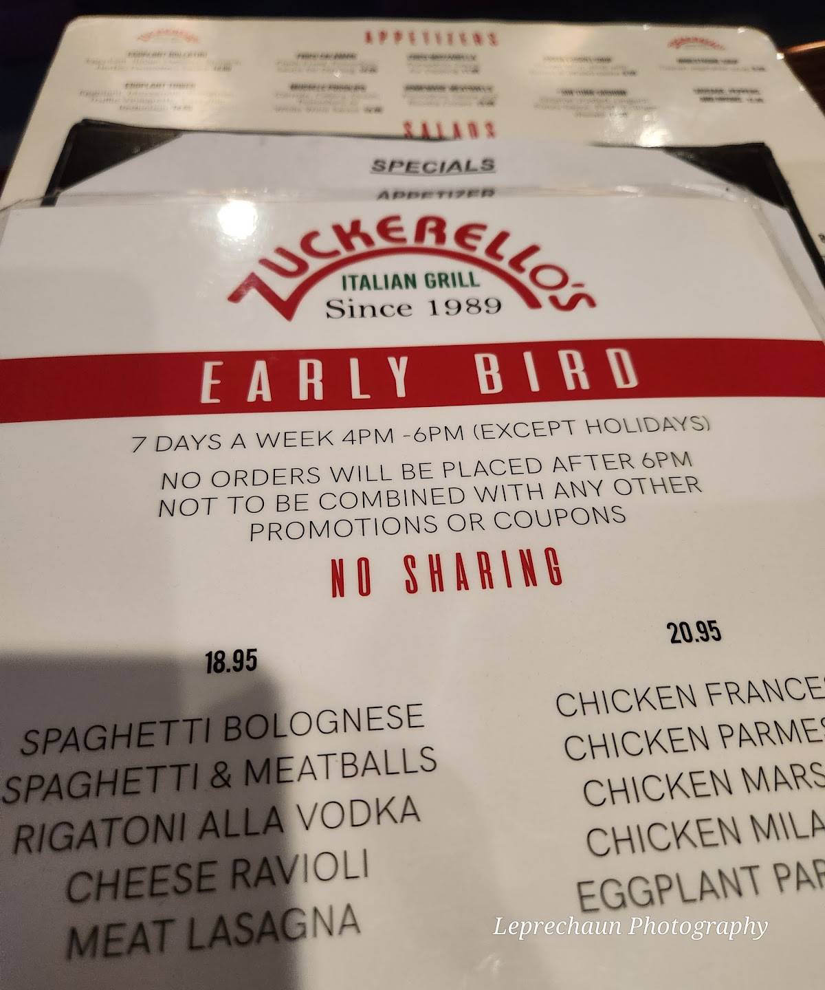 Menu at Zuckerello's restaurant, Fort Lauderdale