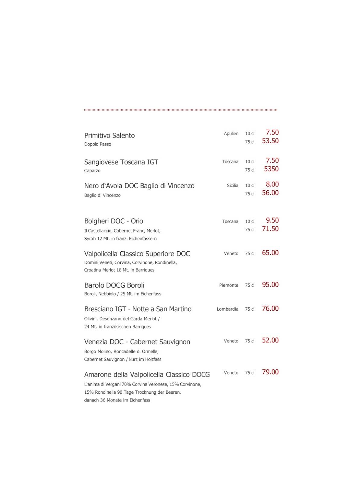 Menu di Cucina Niederdorf 