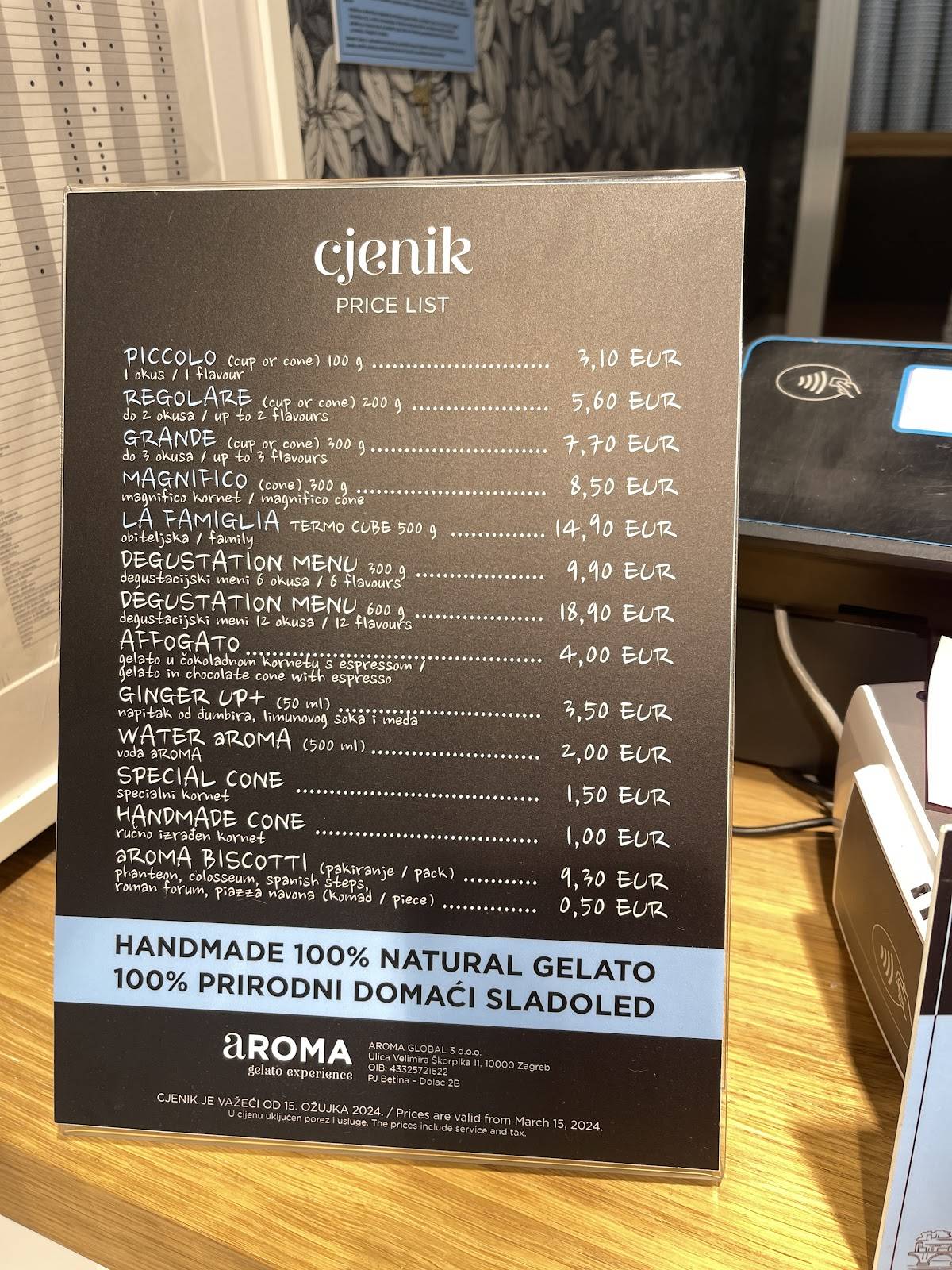 Menu di aROMA gelato experience Boutique Betina 