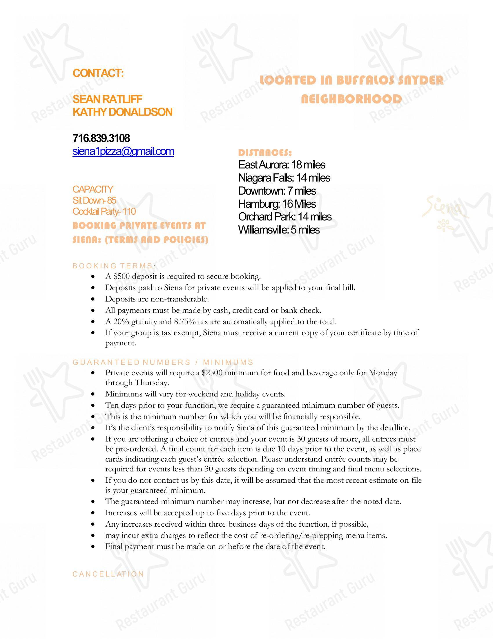 Menu at Siena Restaurant, Amherst