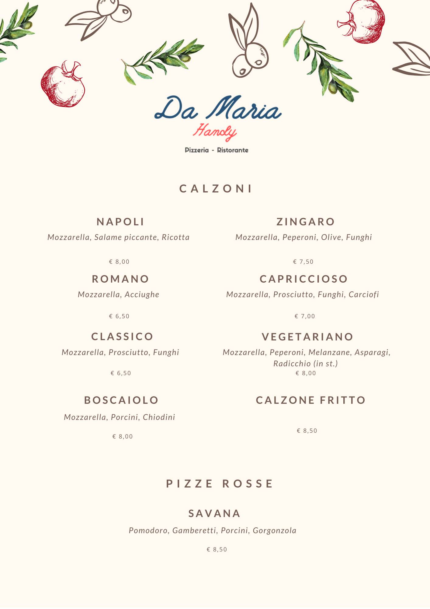 Menu di da Maria Handy - Pizzeria con cucina 