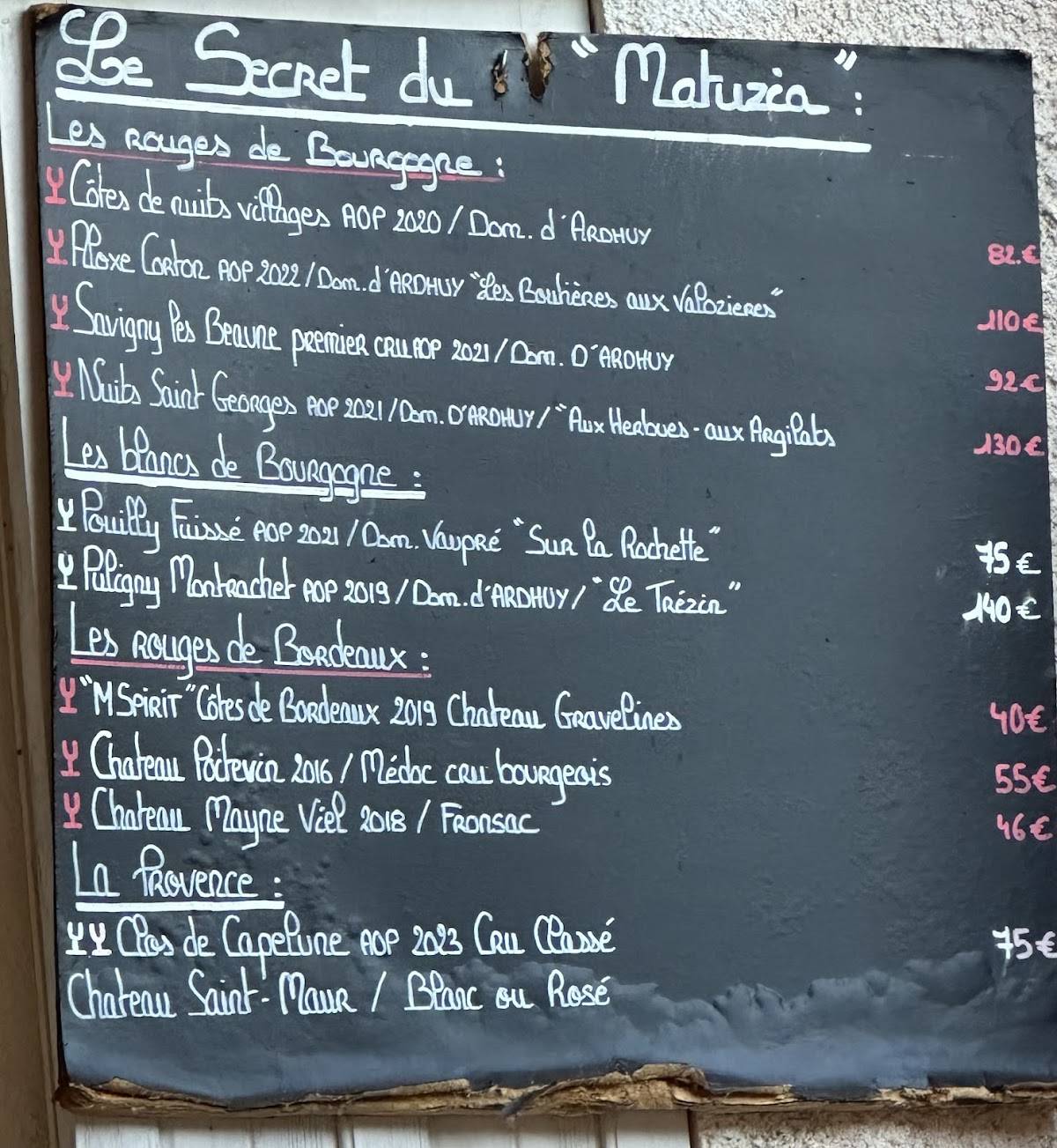 Menu de la Villa Matuzia - Agay - Restaurant Saint-Raphaël