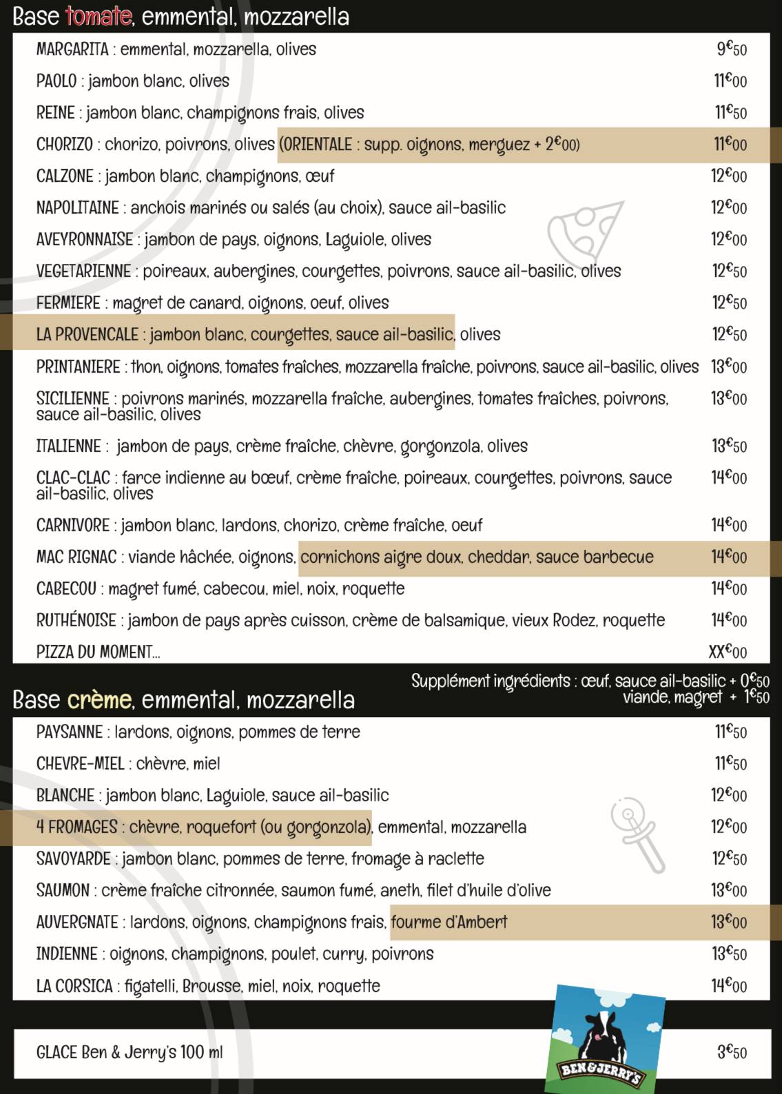 Menu de La Grange a Pizza