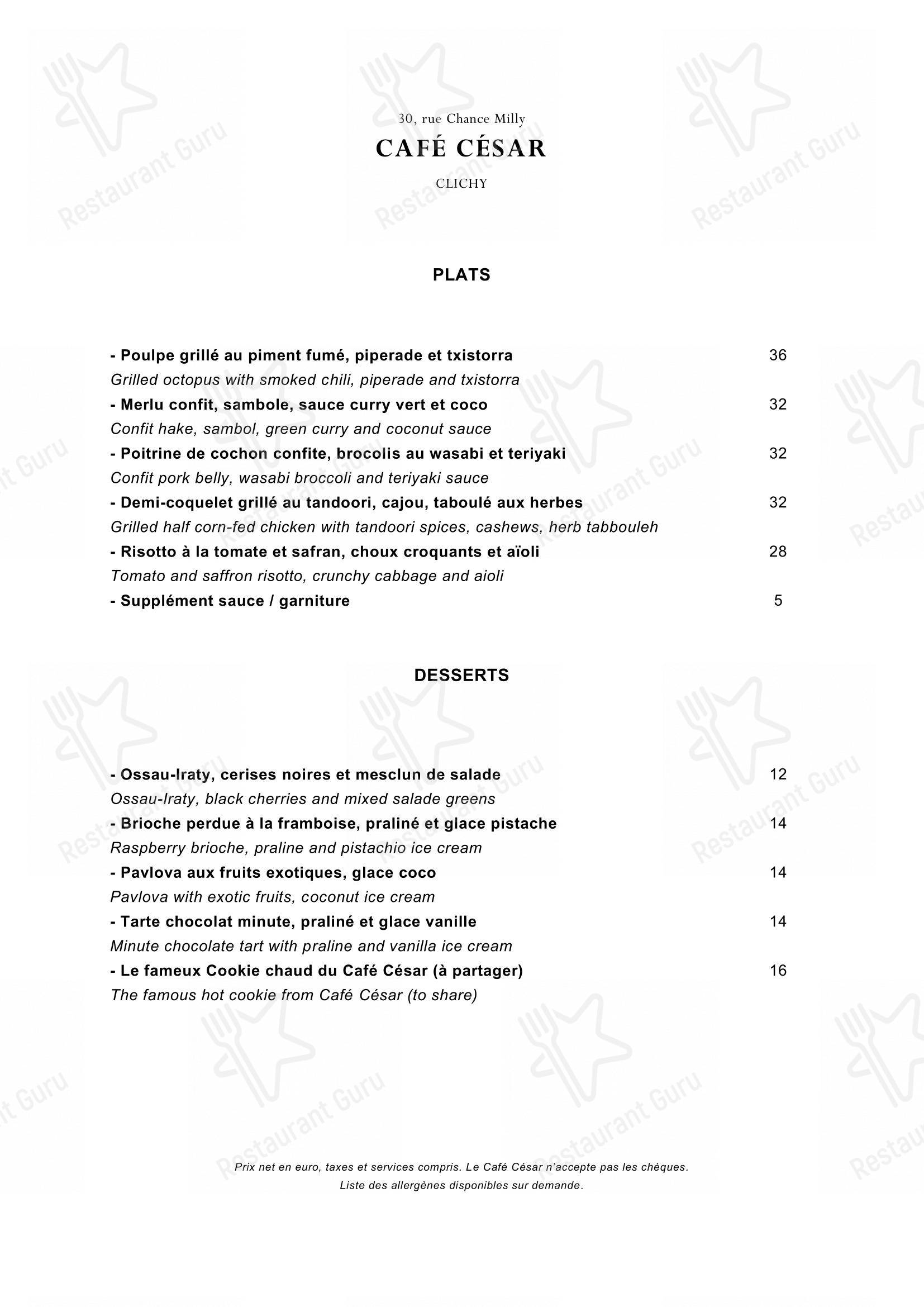 Menu pour Café César - Ночное меню