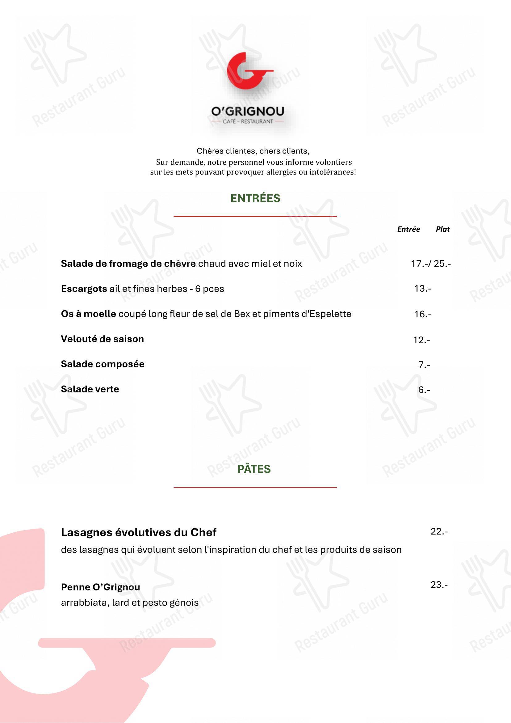 Menu pour Café-restaurant O'Grignou - Menu