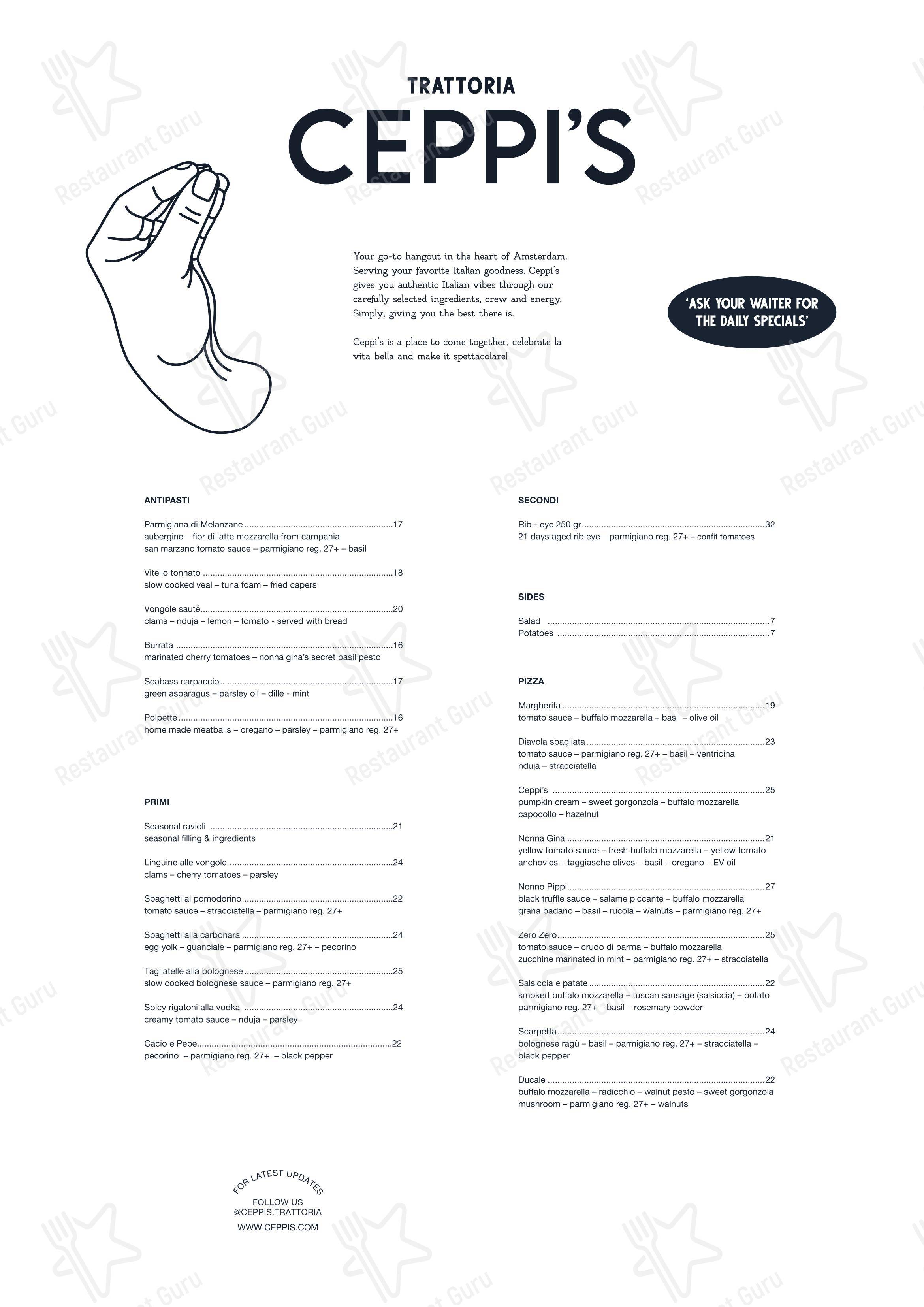 Menu at Ceppi's restaurant, Amsterdam